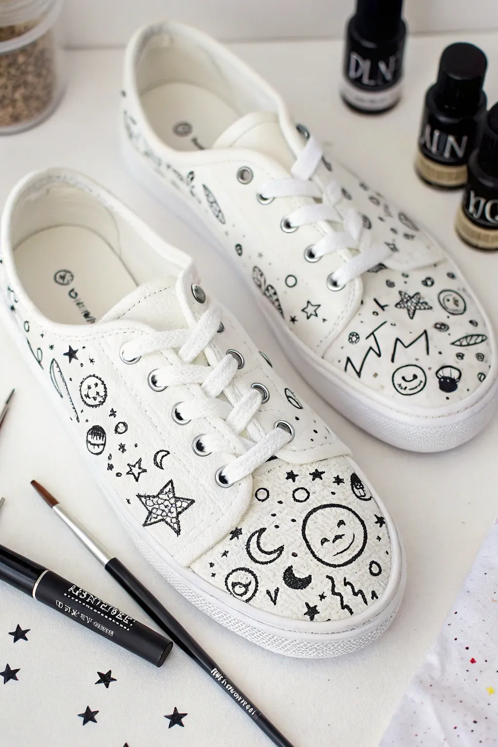 Black-and-white doodle sneakers with crisp icons and a paint marker vibe, minimal and artsy