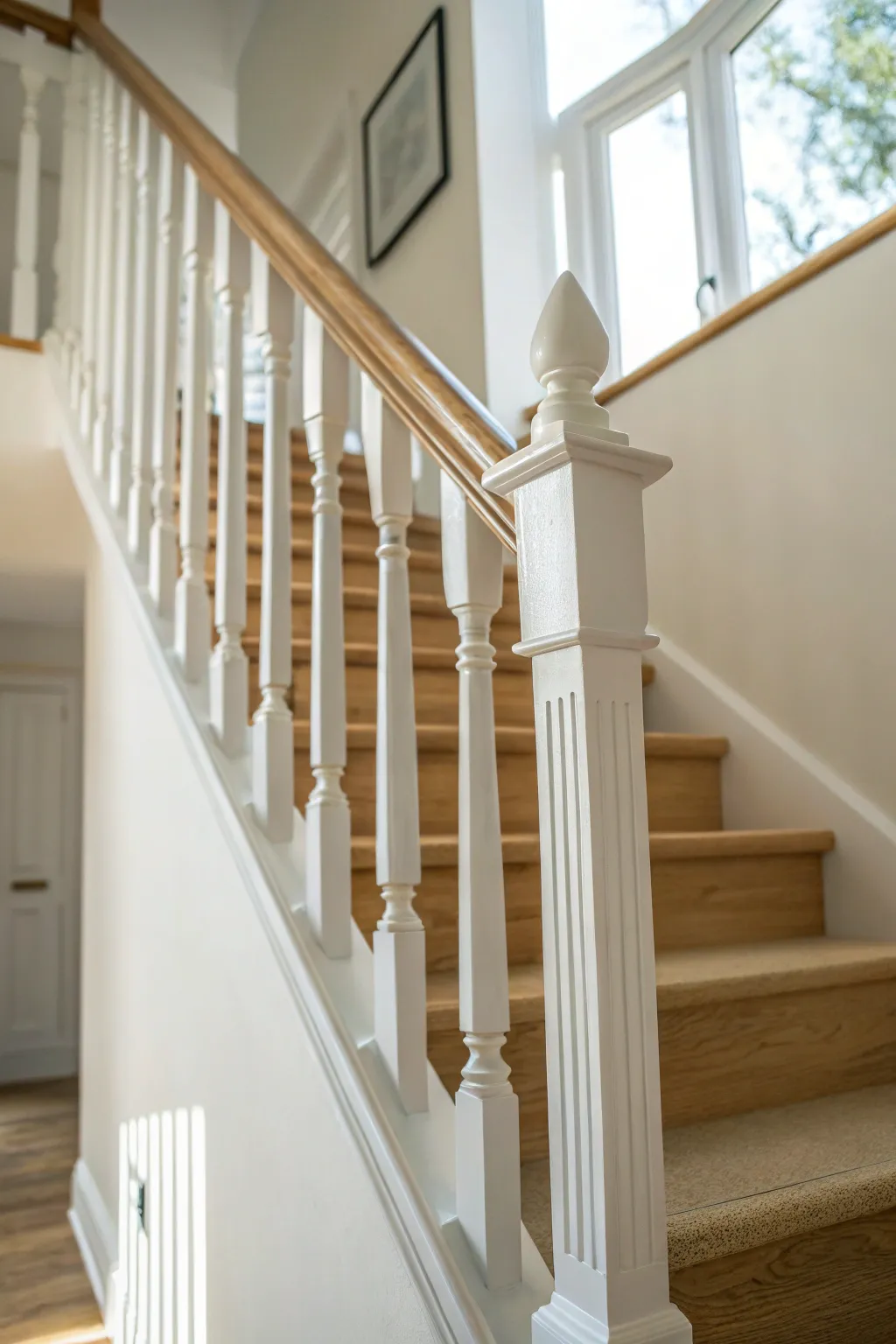 Tone-on-tone spindles melt into the wall, warmed by oak details and soft natural light.