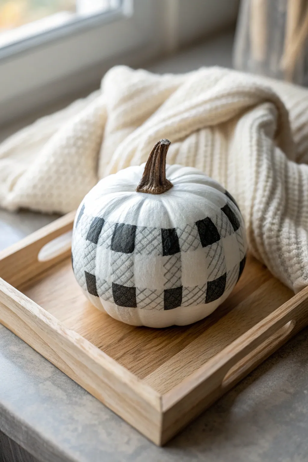 White pumpkin with chic gingham checks for a cozy minimalist farmhouse vibe