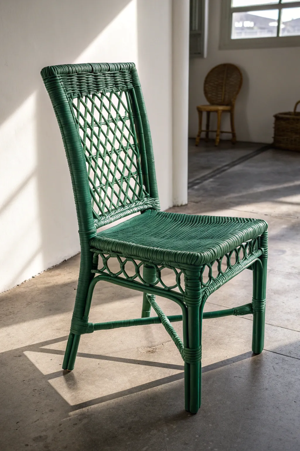 High-gloss emerald wicker chair with dramatic reflections, minimalist gallery vibe for chic makeovers