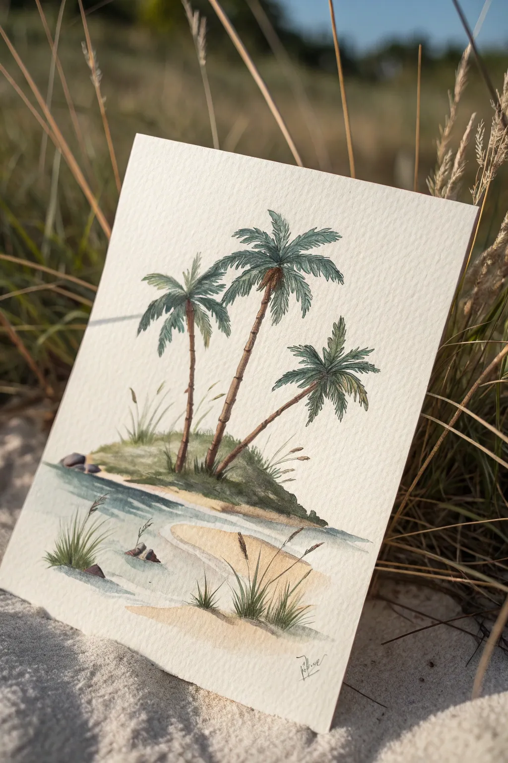 Small island palm cluster: minimalist, calming boho vibes—perfect for easy watercolor practice.