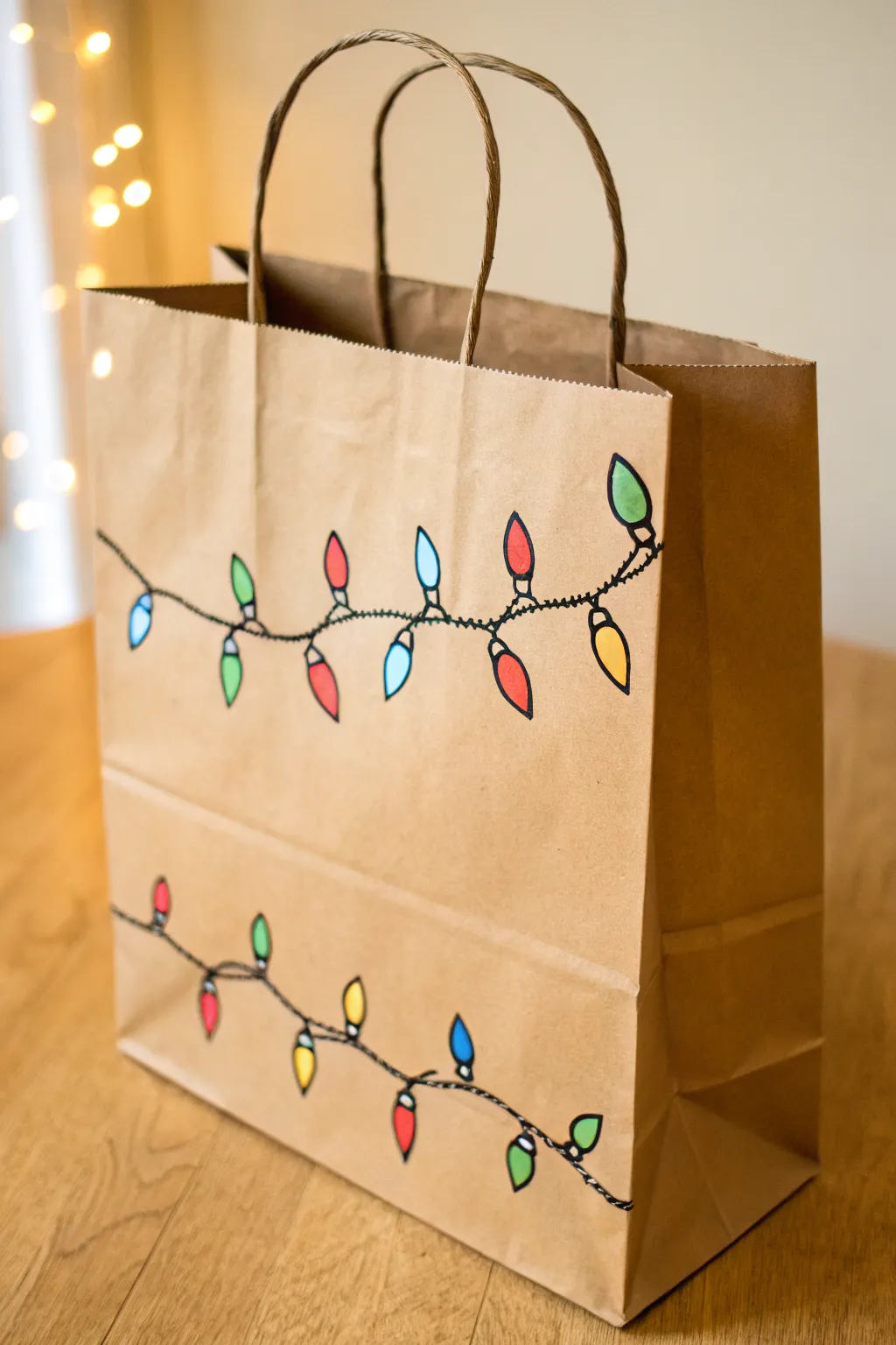 Kraft bag drawing idea with hand-sketched holiday lights for a cozy minimalist festive vibe
