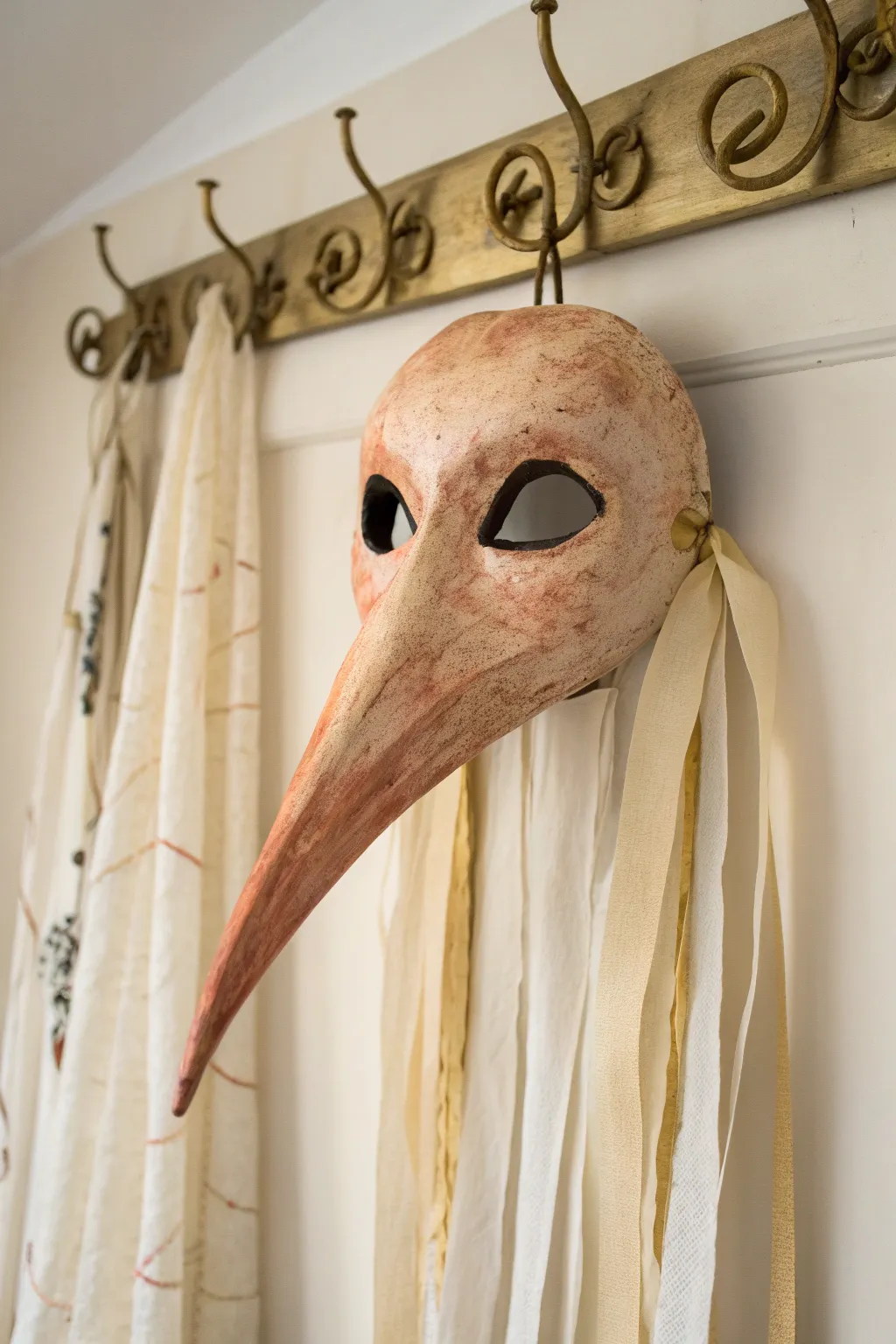 Bird beak papier-mâché mask with soft gradients and ribbons for clean, modern parade vibes