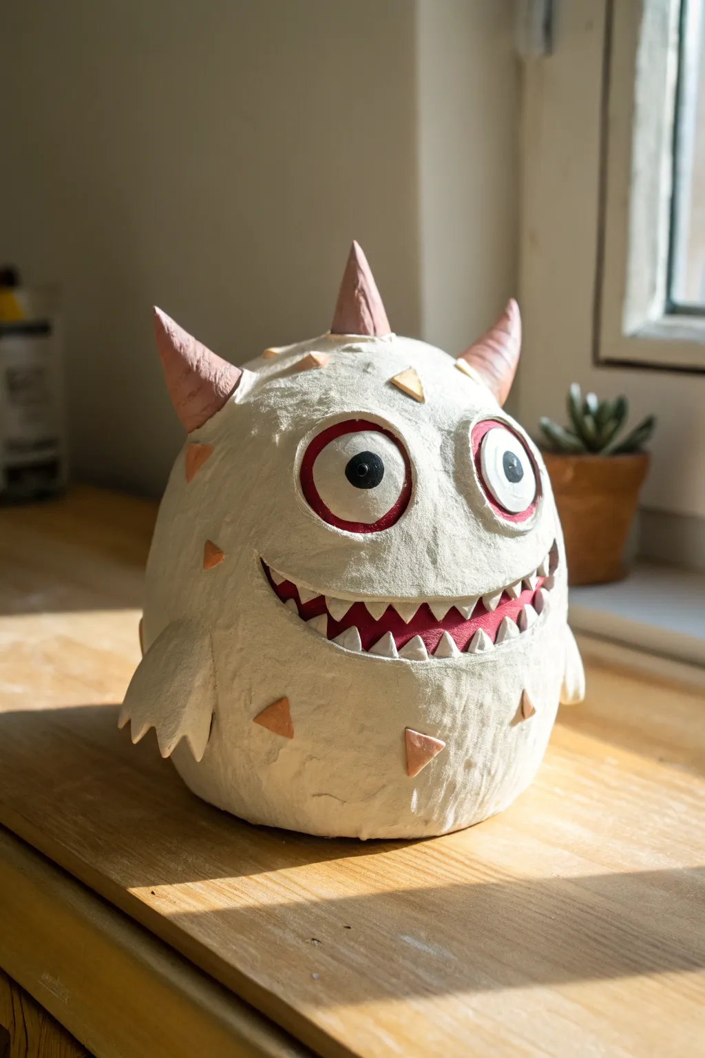 Big-eyed paper mache monster head with playful paint, freckles, and handmade texture