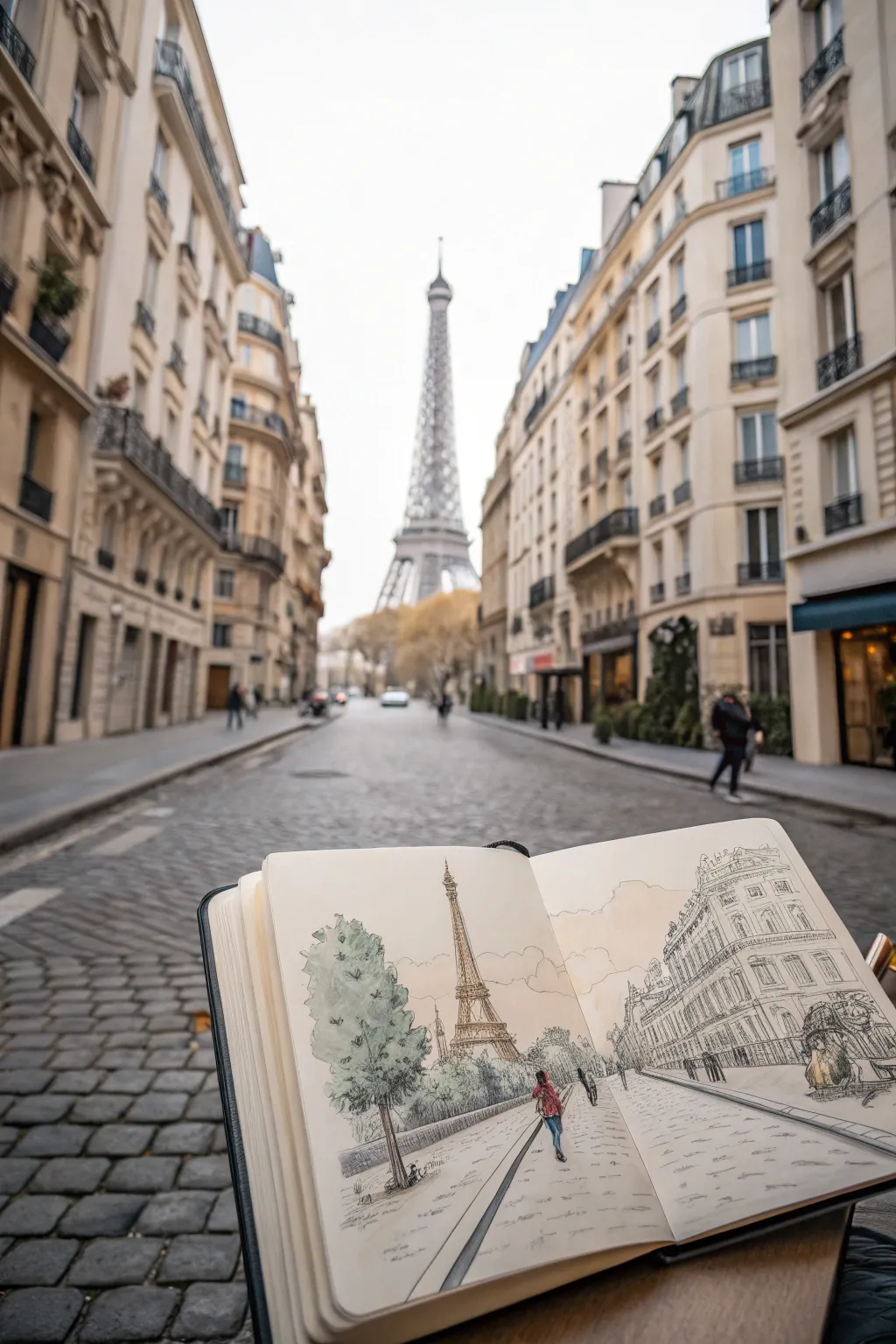 Minimal Paris street sketch leading to the Eiffel Tower, perfect inspiration for your next drawing.
