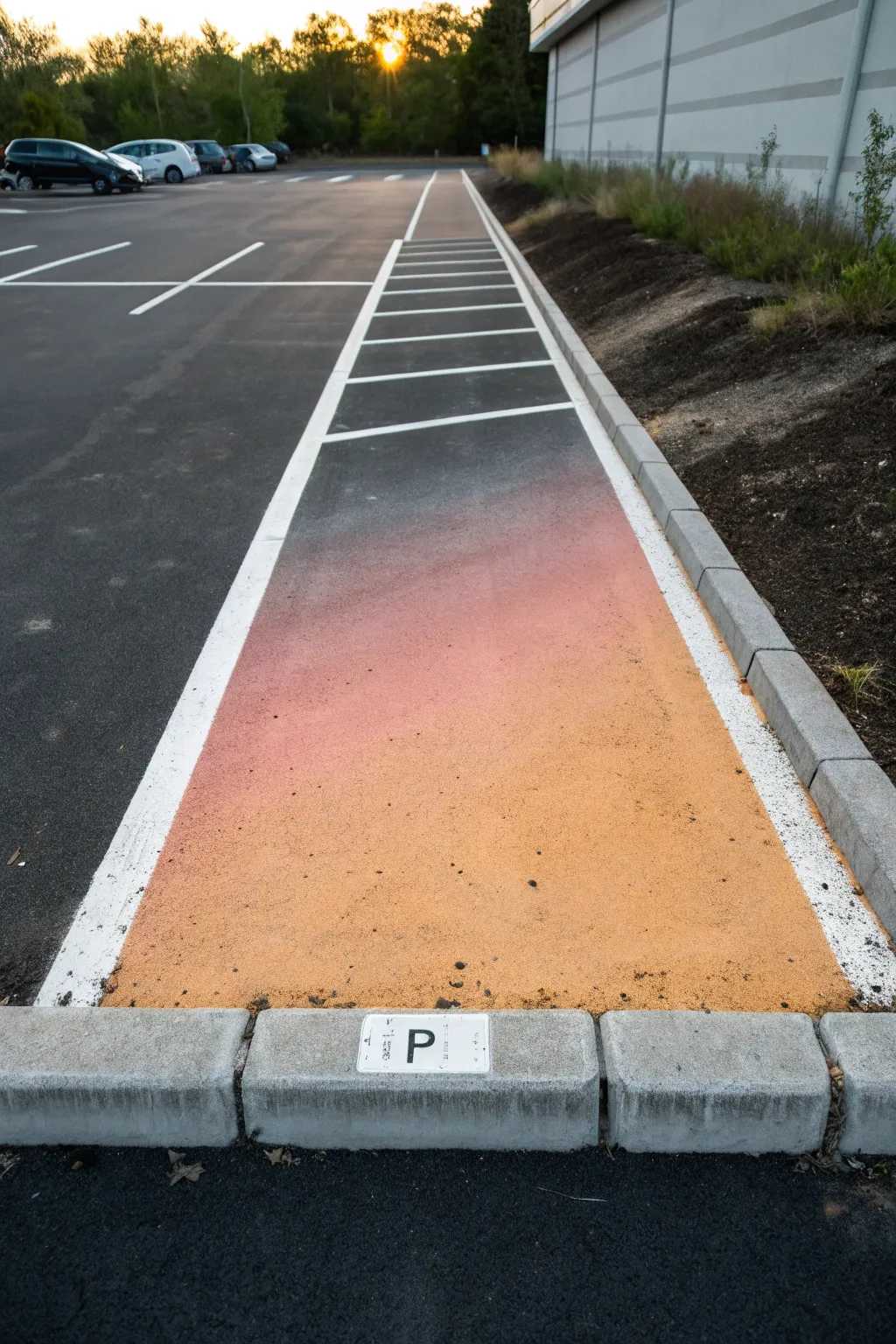 Soft ombre gradient on asphalt with crisp white lines for a chic, high-contrast parking stall.