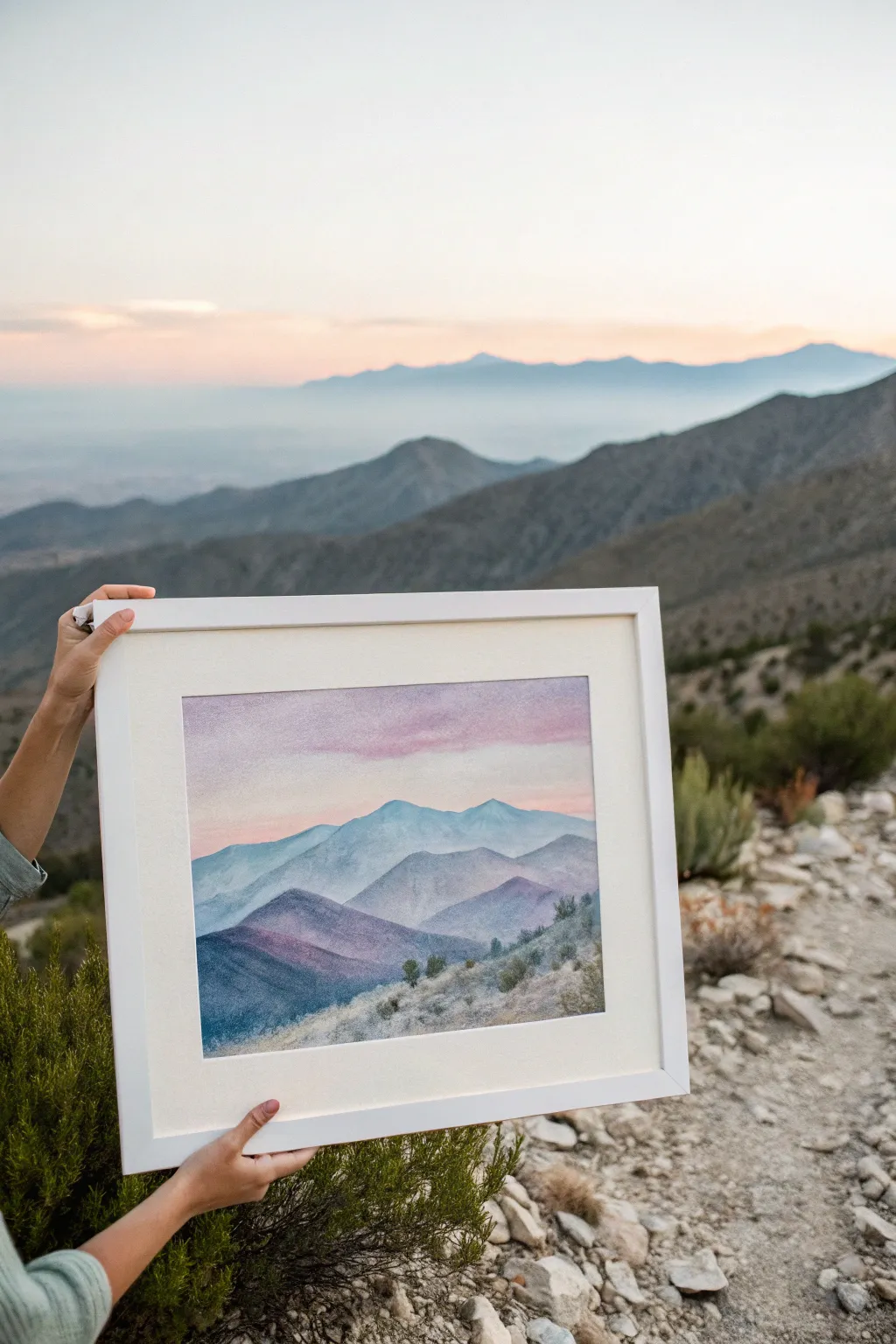 Layered pastel mountains in dusty blues and purples for a calm, misty landscape study