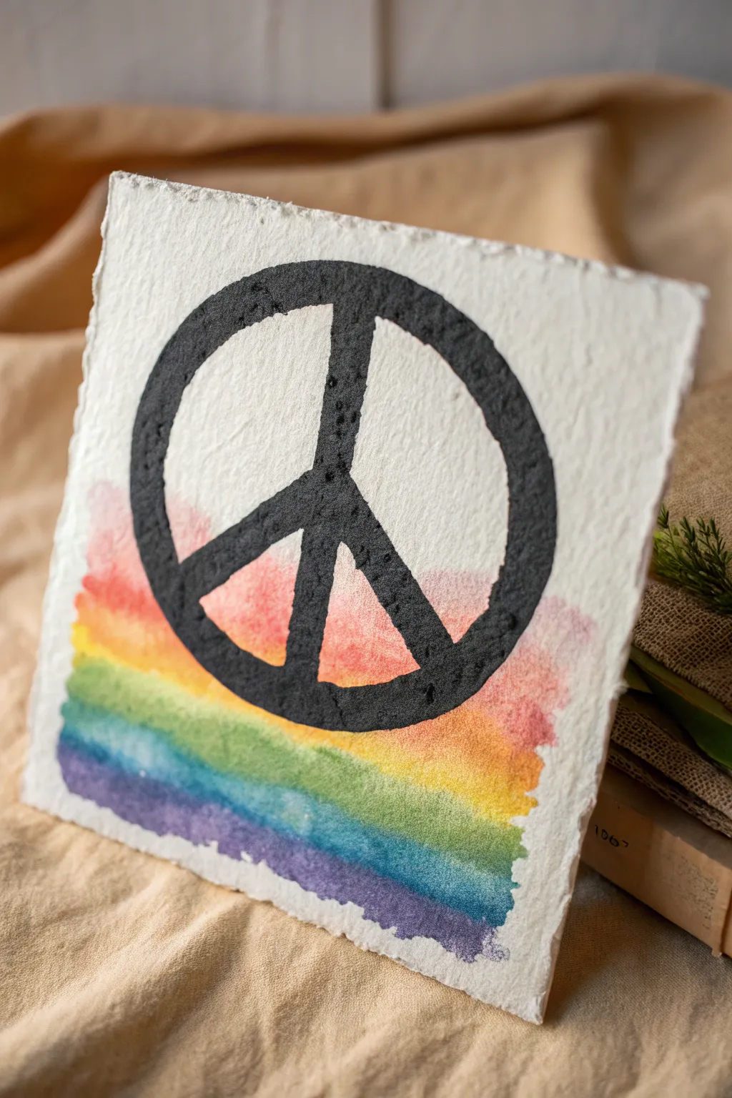 Upbeat peace symbol silhouette over a smooth rainbow gradient wash, clean, calm, and inclusive