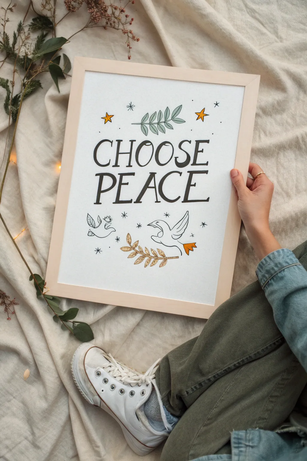 Calm lettering poster inspiration with minimal doodles for a soothing choose peace art piece