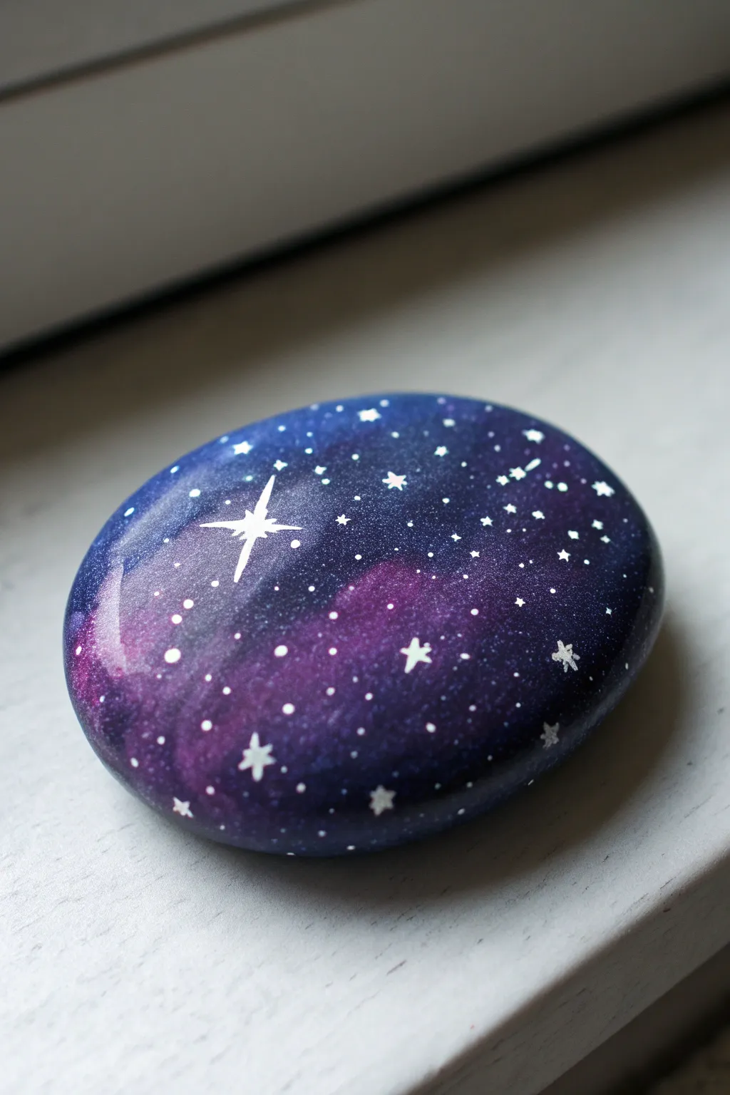 Mini galaxy night-sky pebble in navy and violet, softly lit with crisp white star speckles.