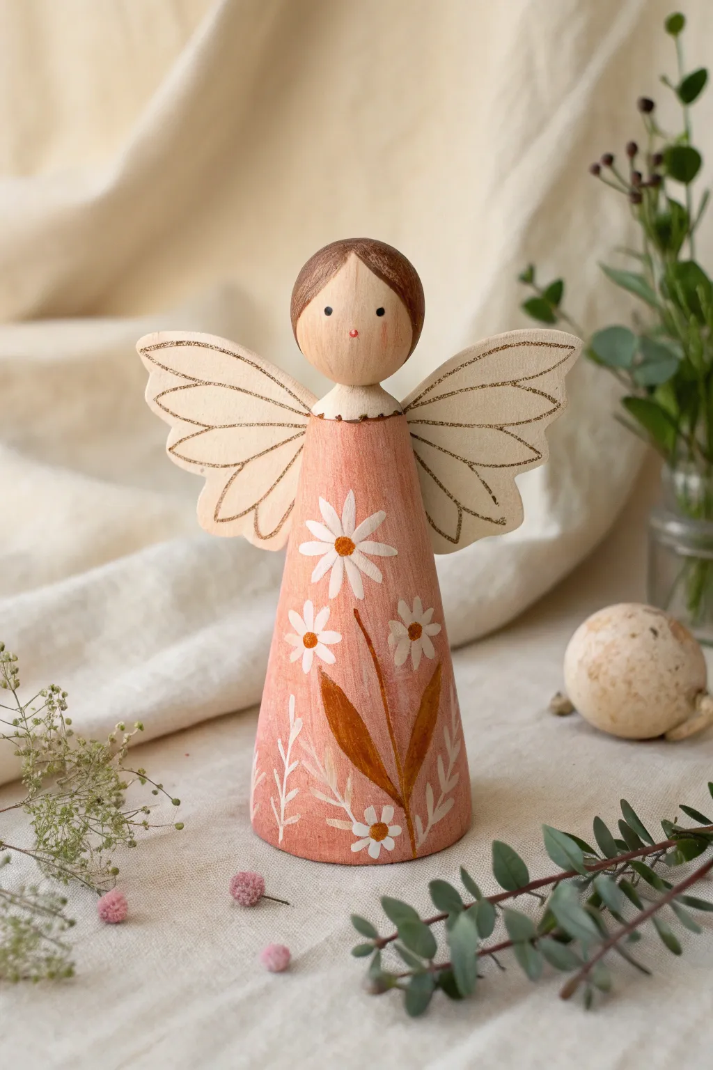 Flower fairy peg doll with petal dress and wings, a dreamy duo for your next painting set.