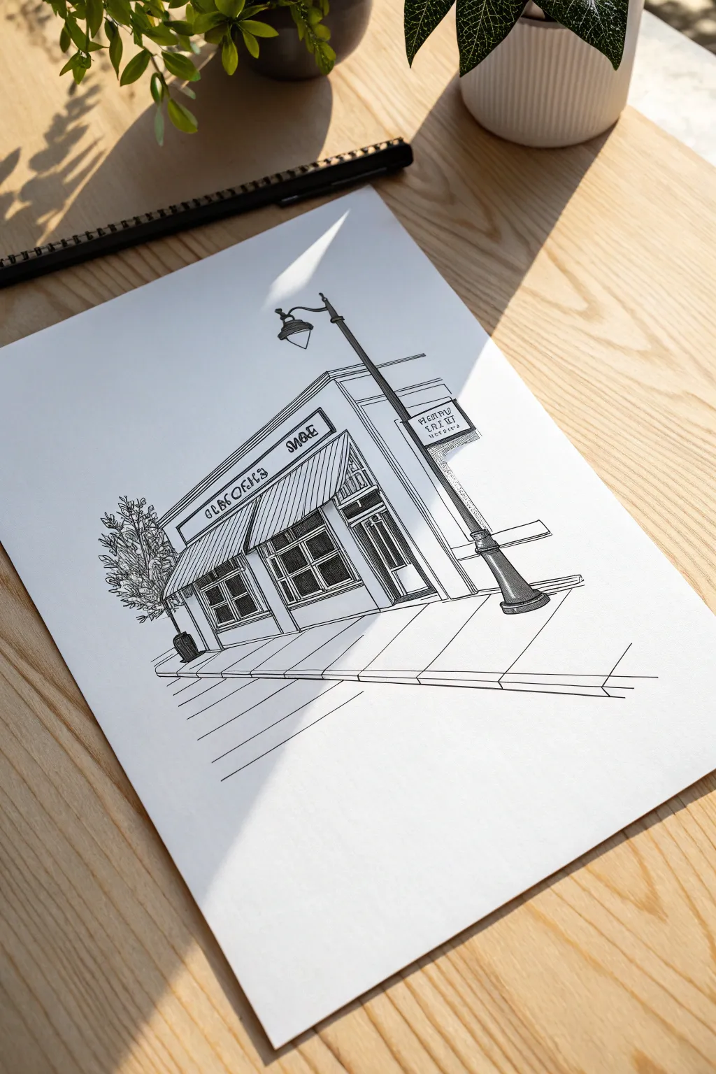 Minimalist pen sketch of an urban corner, bold shadows and delicate reflections for practice.