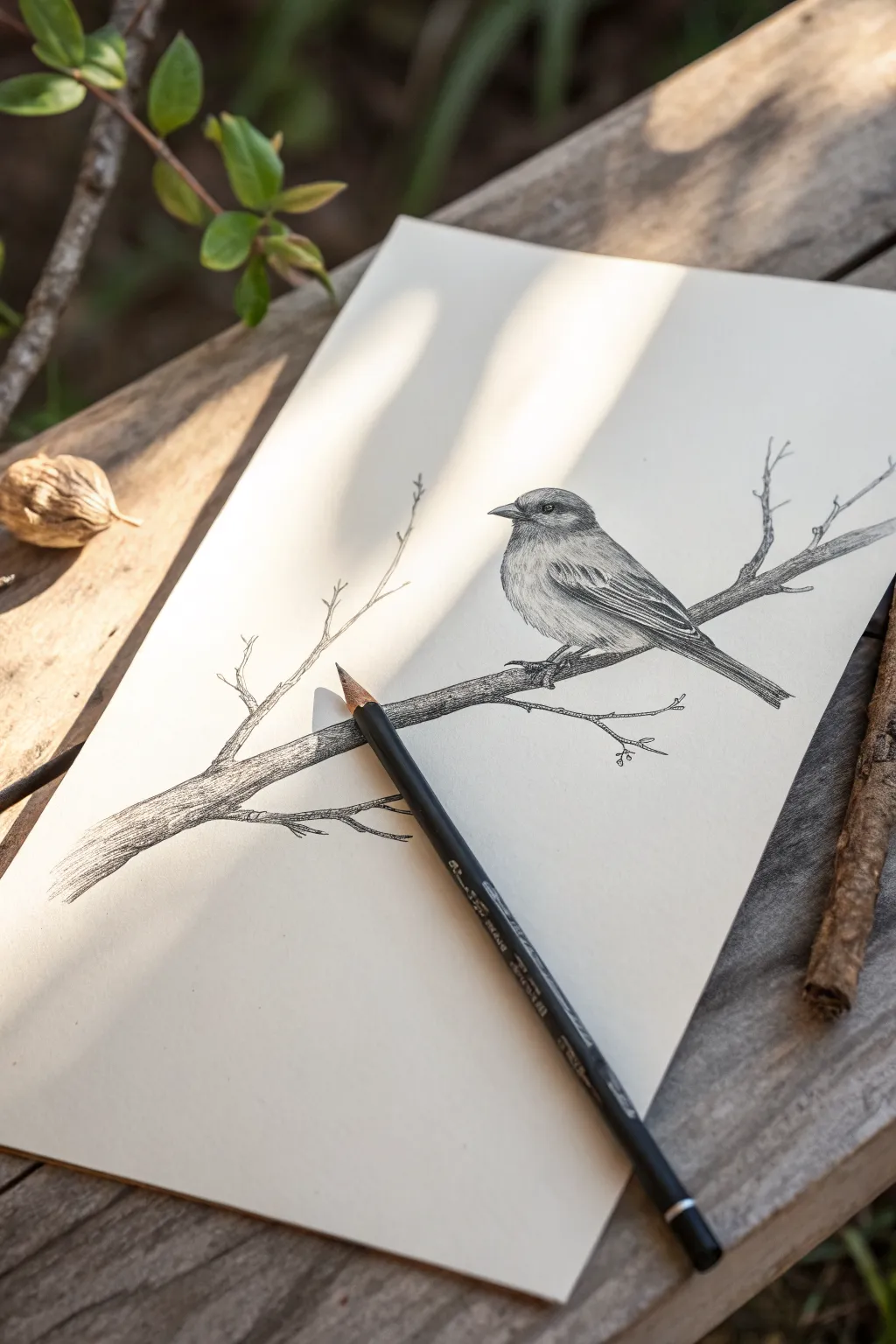 Graphite value study of a bird on a branch, simple shapes and bold contrast for shading practice
