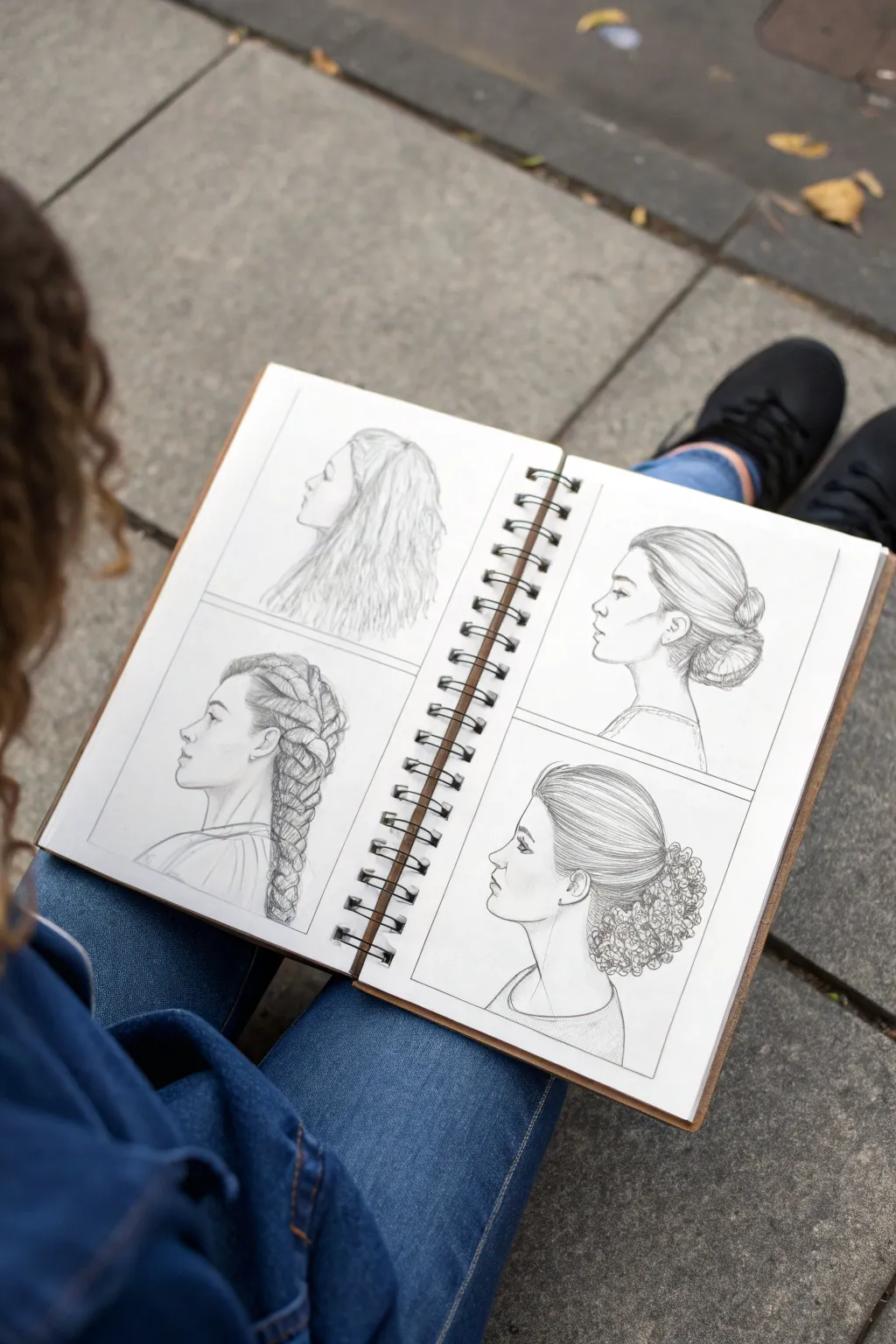 Hair texture sampler page: straight, wavy, curly, and updo studies with clear flow strokes