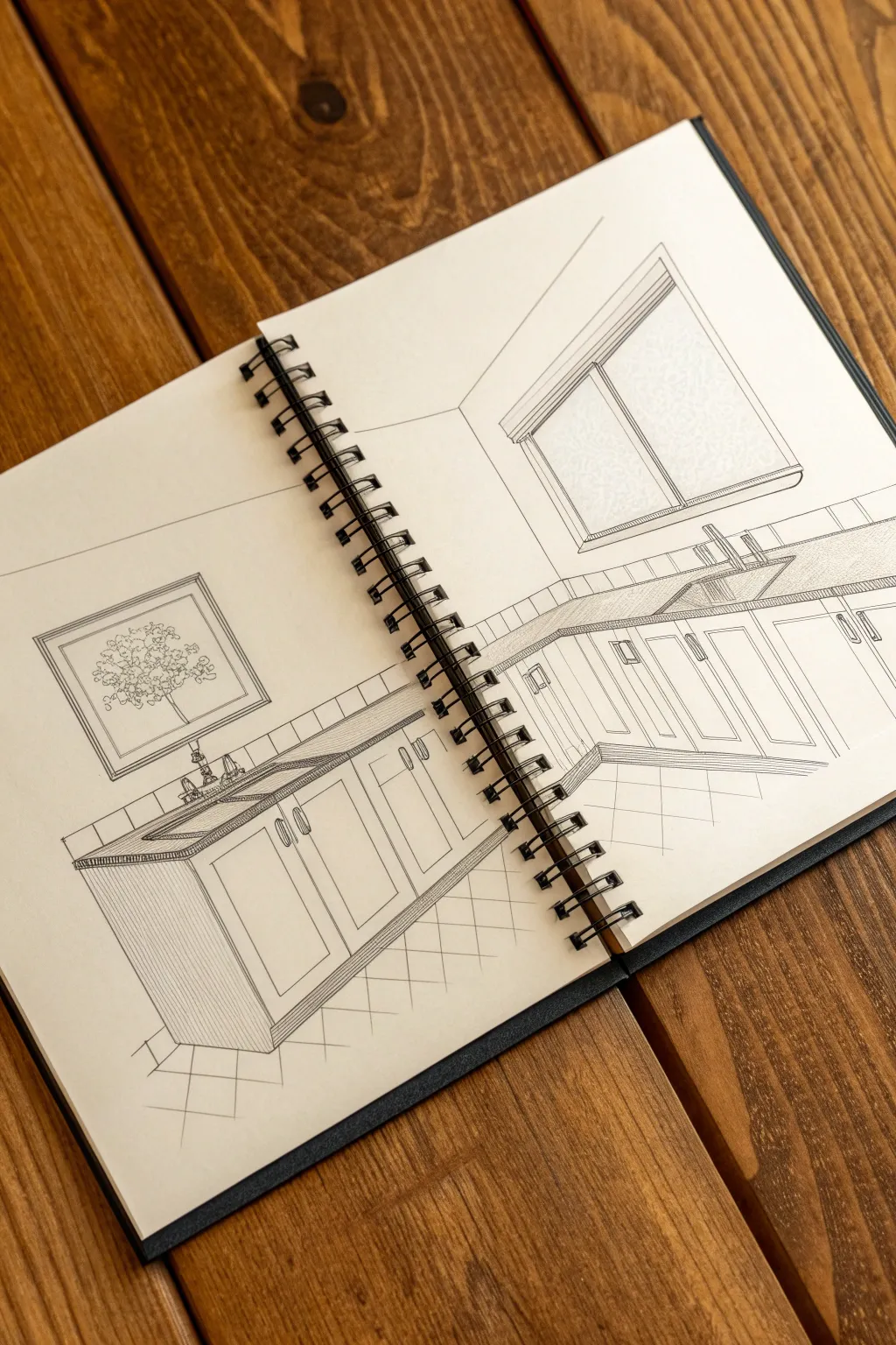 Sketch a serene kitchen counter scene and practice vanishing points with clean parallel lines.