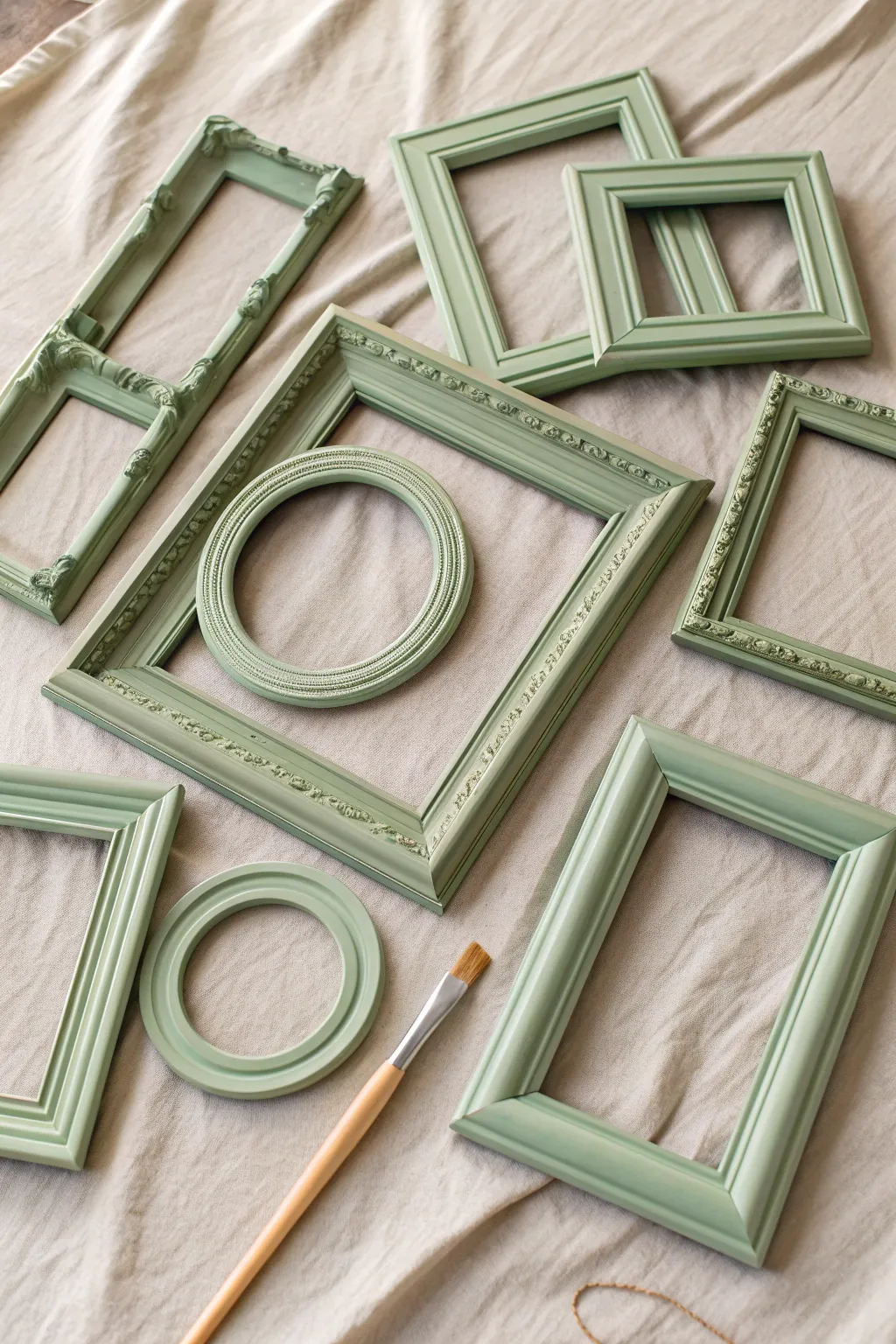 Unify mismatched vintage frames with a single shade of sage green for a cohesive look.