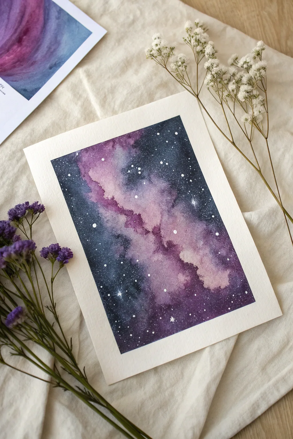 Dreamy galaxy sky: pink and purple nebula clouds on deep plum, finished with white stars