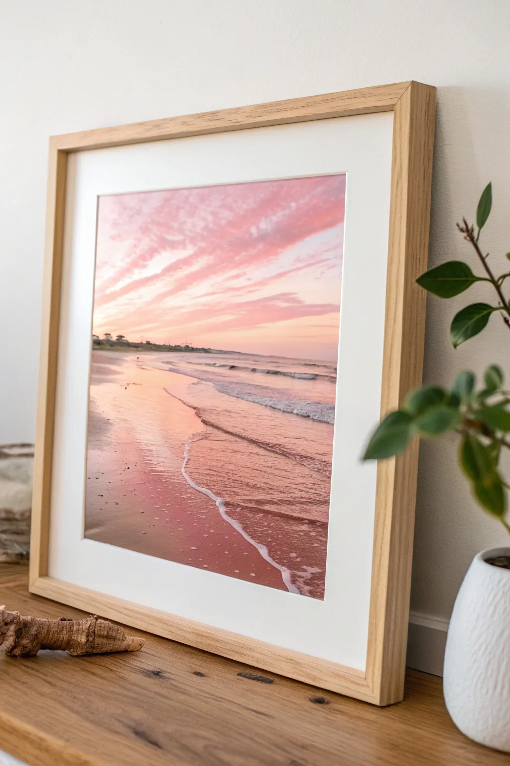 Minimalist pink beach at dusk watercolor, gentle waves and warm reflections in a light oak frame.