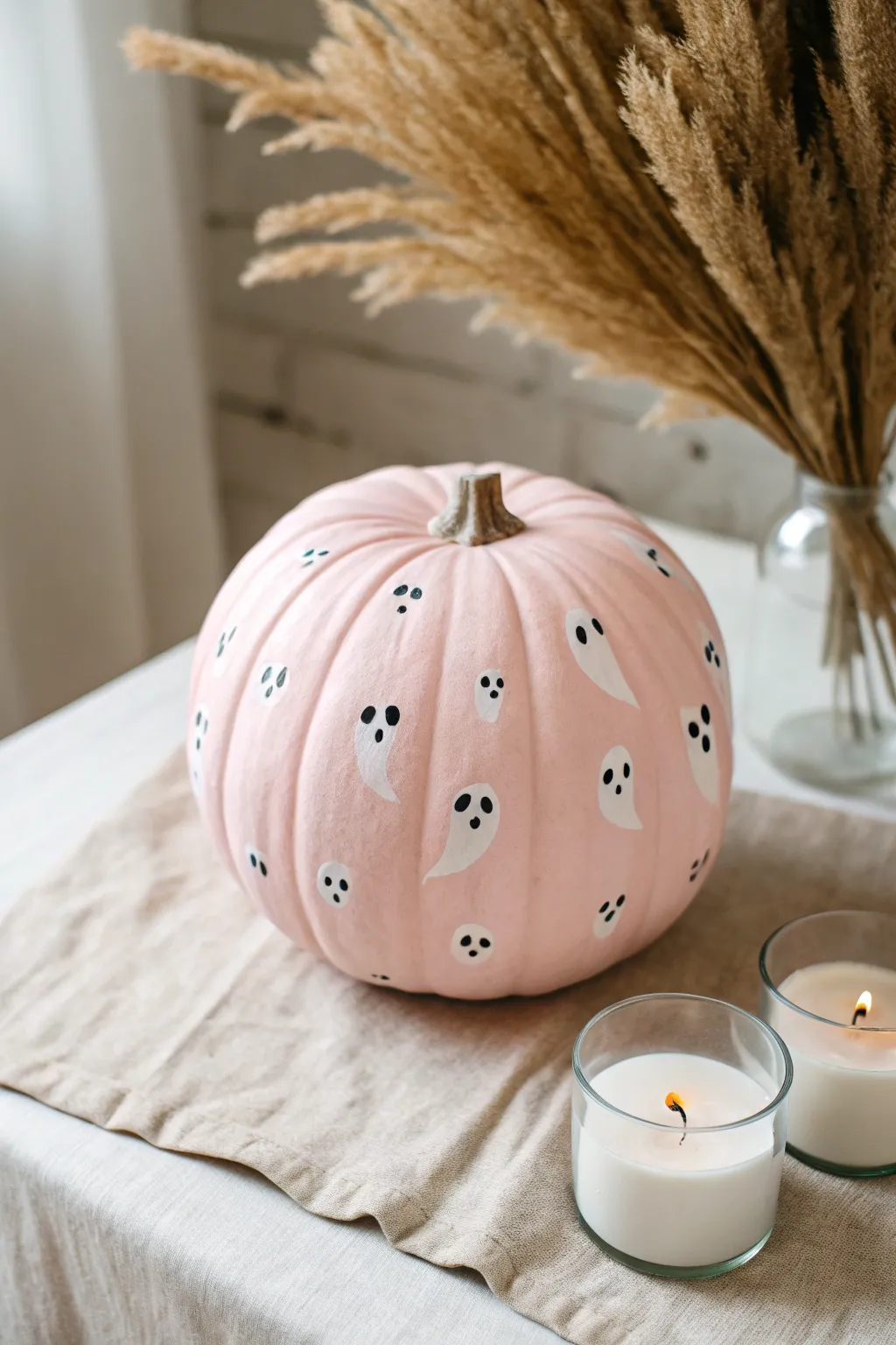 Soft pink pumpkin with tiny white ghosts, a minimalist boho centerpiece with cozy candle glow