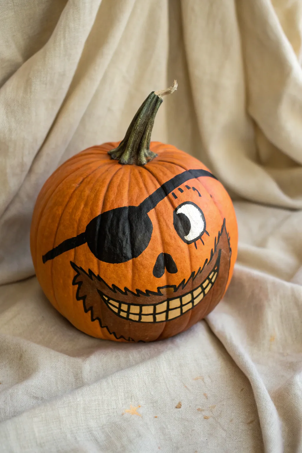 Stubbly pirate pumpkin with stippled beard texture and weathered eyepatch, minimalist style