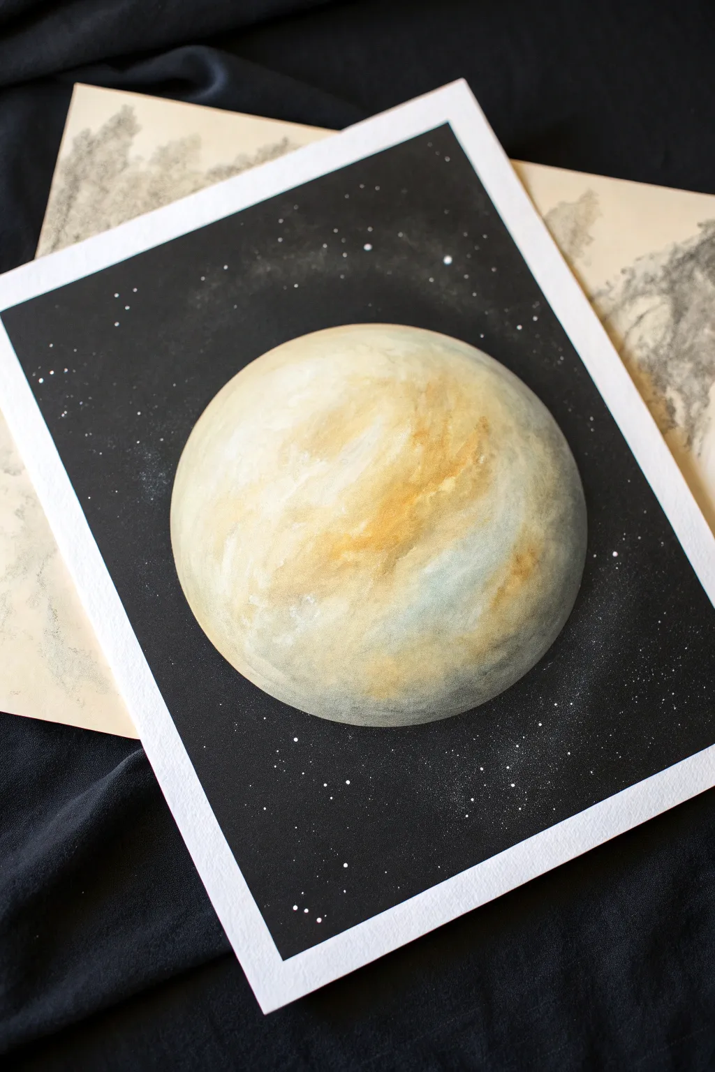 Soft Venus in a misty glow, pale cream marbling against a deep night-sky backdrop.