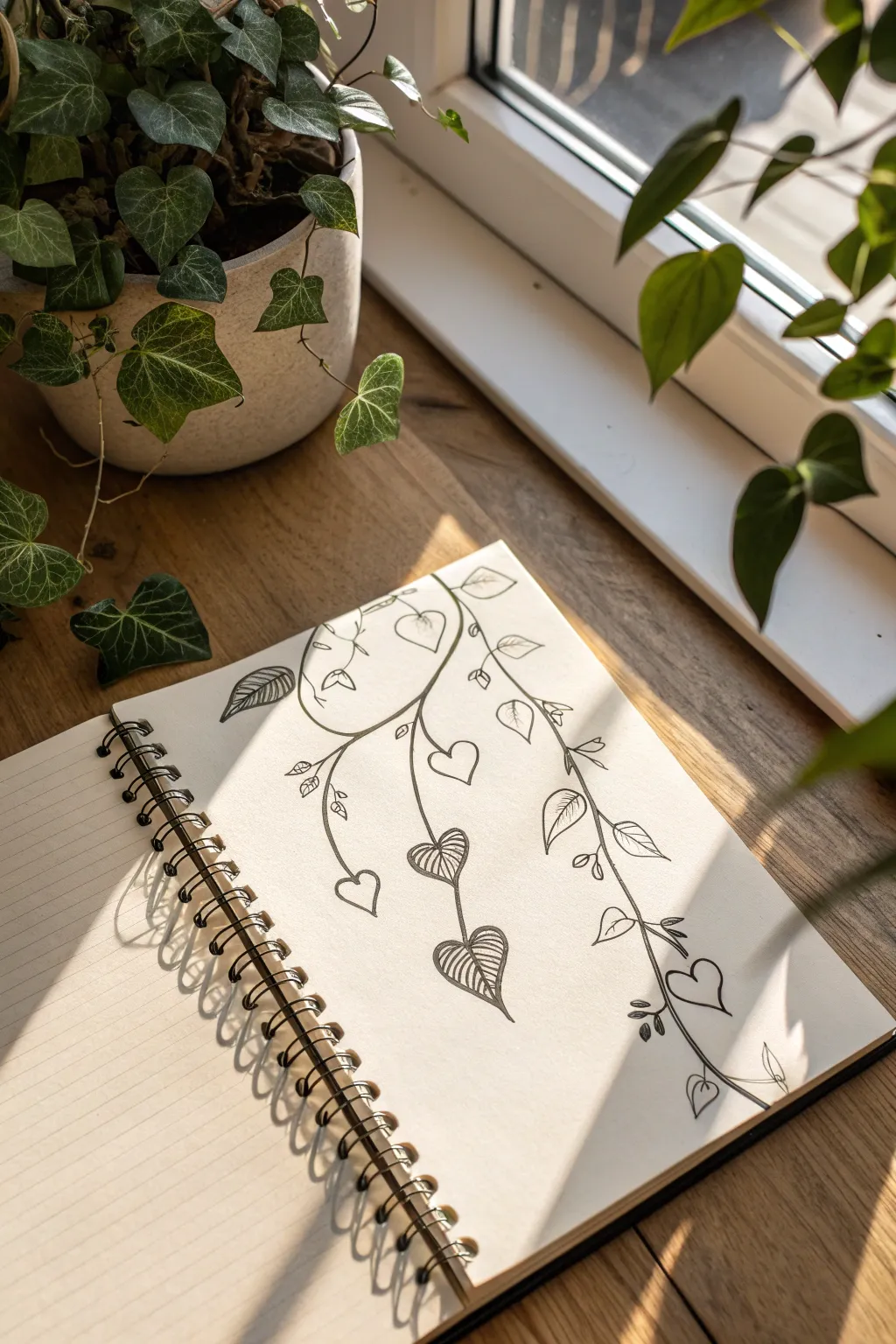 Minimal vine sketch with heart leaves cascading down the page, perfect for calming plant drawing practice.