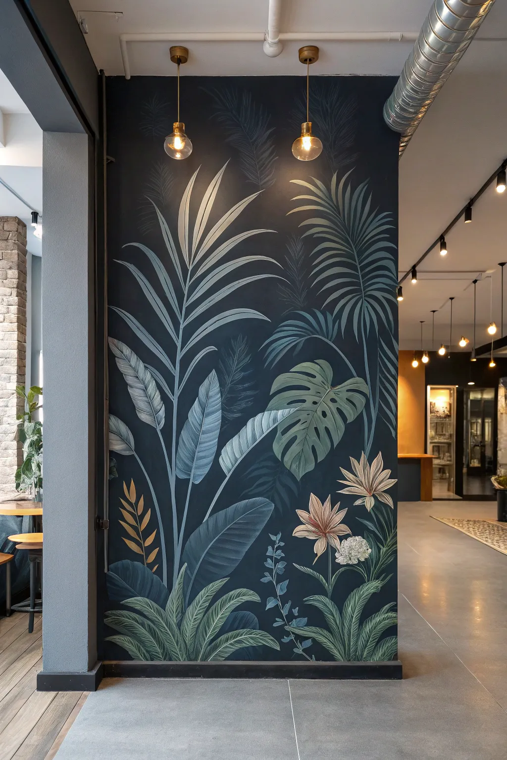 Moody night-garden mural with glowing leaves on a dark wall, warmed by soft lamplight.