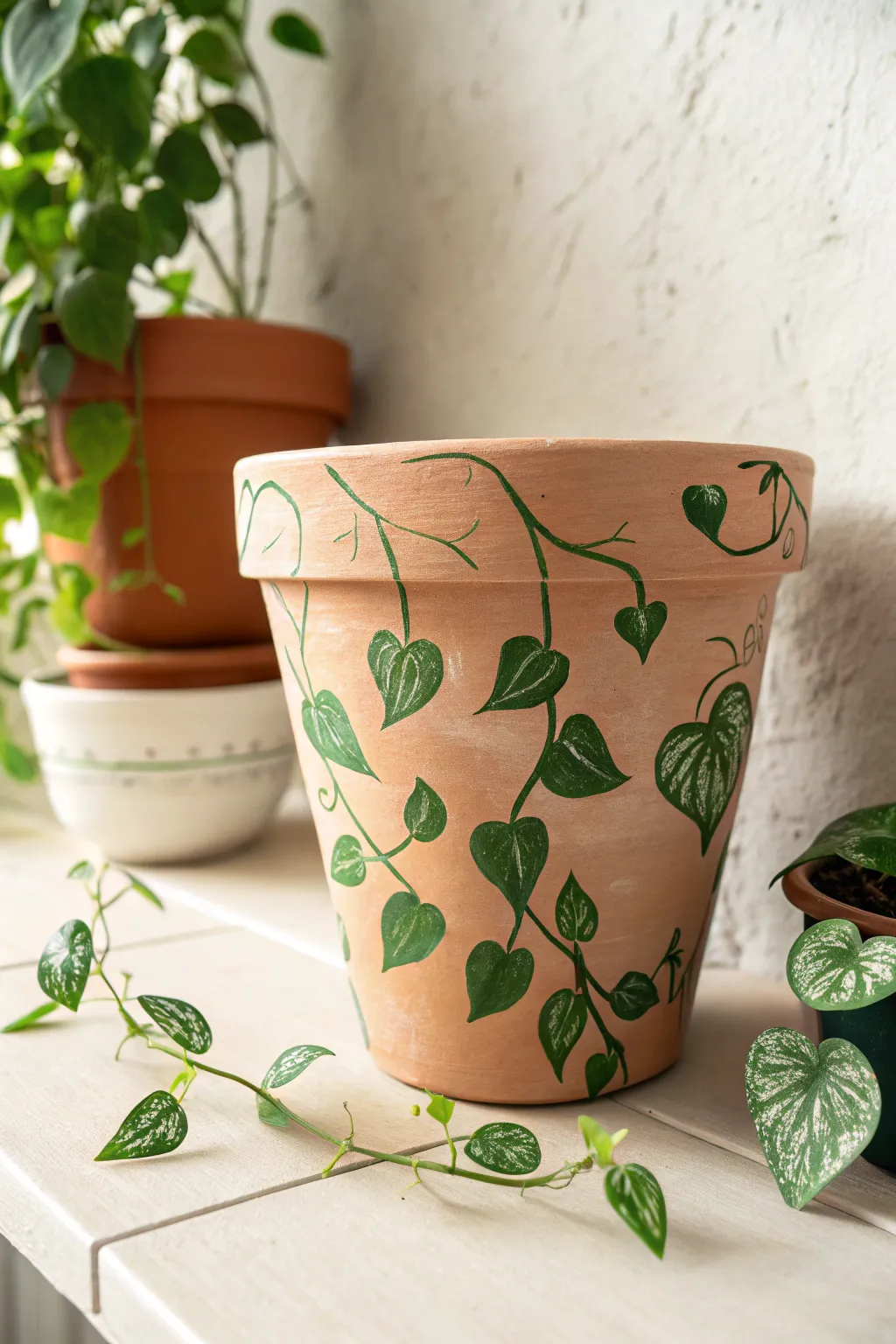 Loose leafy green vines wrapping a clay pot, with a tiny palette showing two green shades.