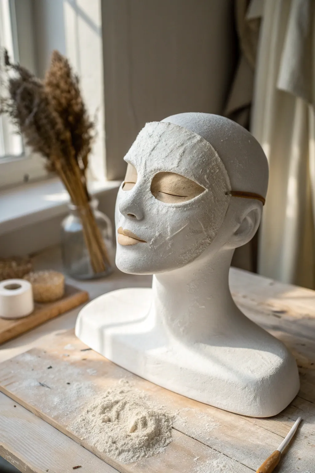Wearable half plaster mask with crisp edges, styled in a calm minimalist studio scene.