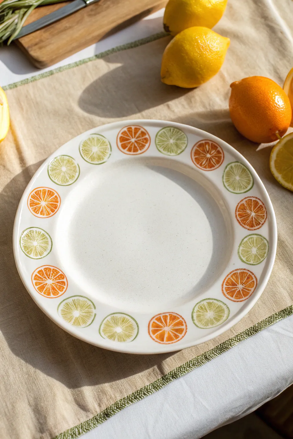Minimal citrus-slice rim plate painting, bright and clean with a soft boho Scandinavian mood