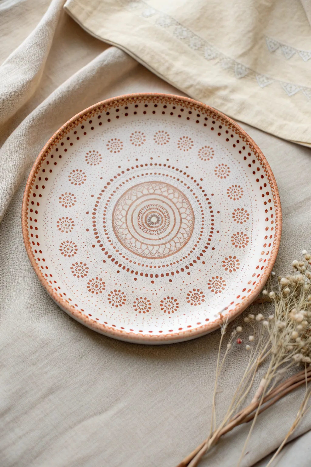Point-to-point dot mandala platter with raised texture and calm boho Scandinavian palette.
