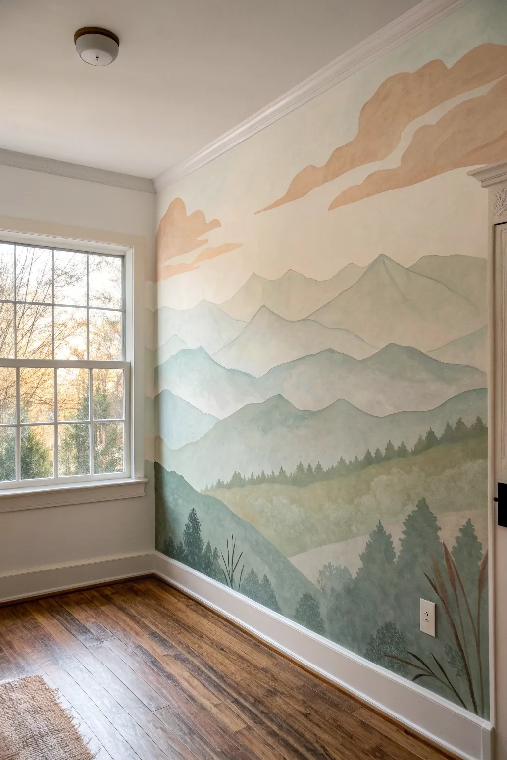 Layered mountain mural with a tiny winding path for a calm, storybook-inspired playroom.