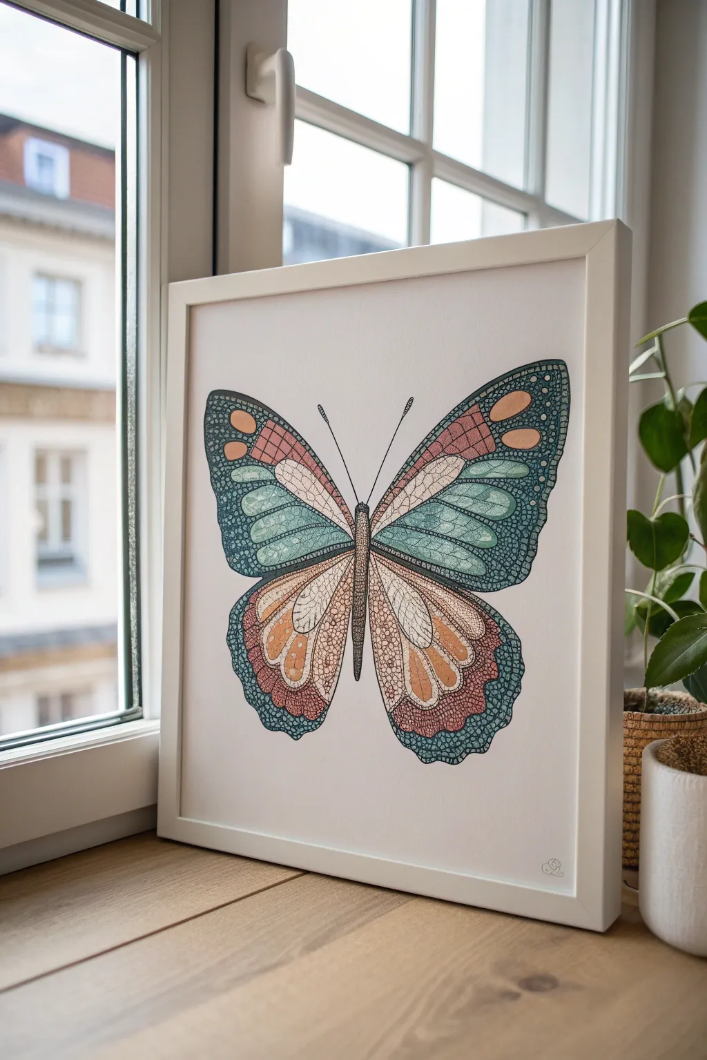 Symmetrical butterfly wings built from precise dot rows and soft boho gradients