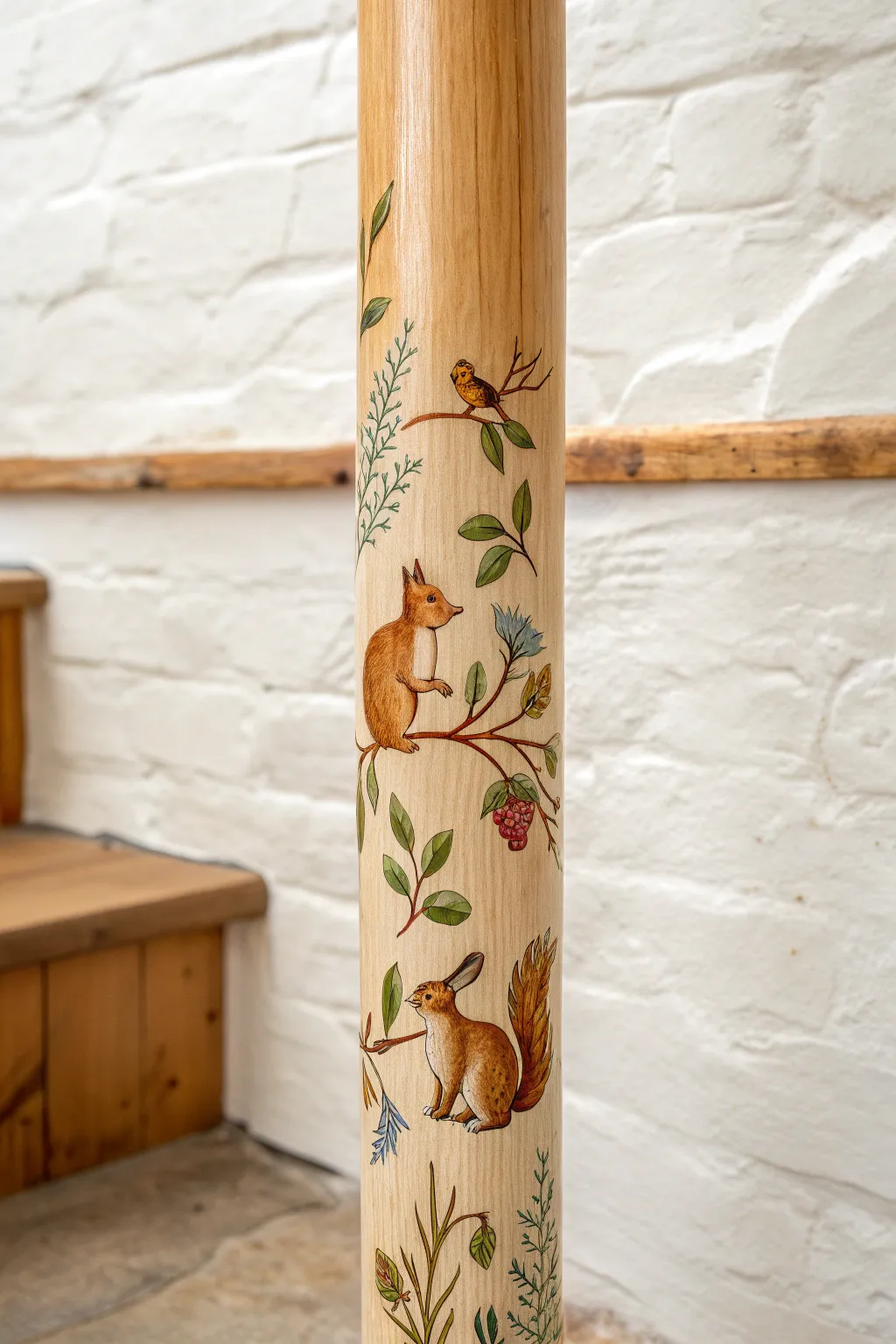 Woodland critters scramble up this hand-painted pole, a simple boho accent with playful movement.