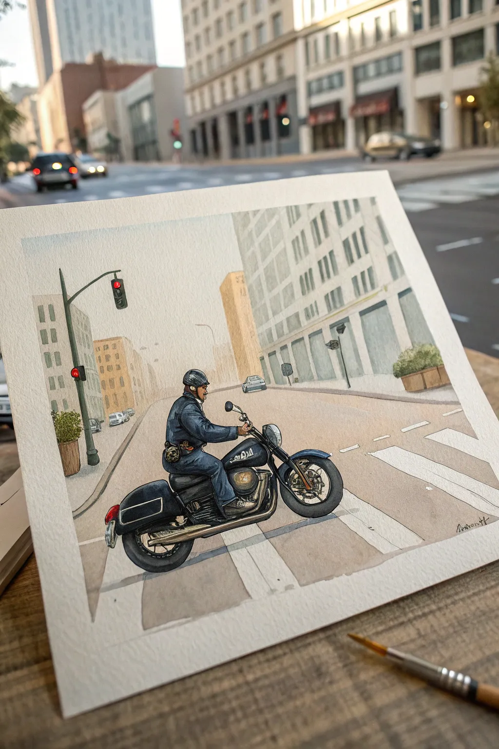 Motor officer at a quiet intersection, with minimalist city shapes and sparkling chrome highlights