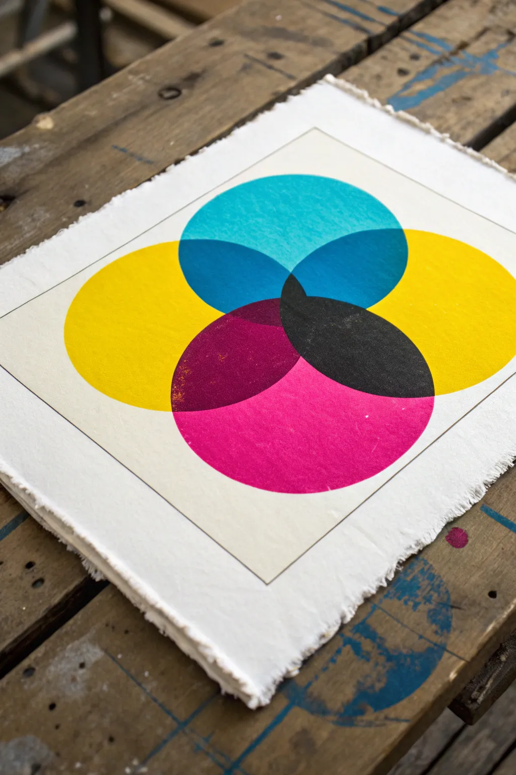 Minimal CMYK overprint blocks on handmade paper, crisp misregistration for pop-art vibes.