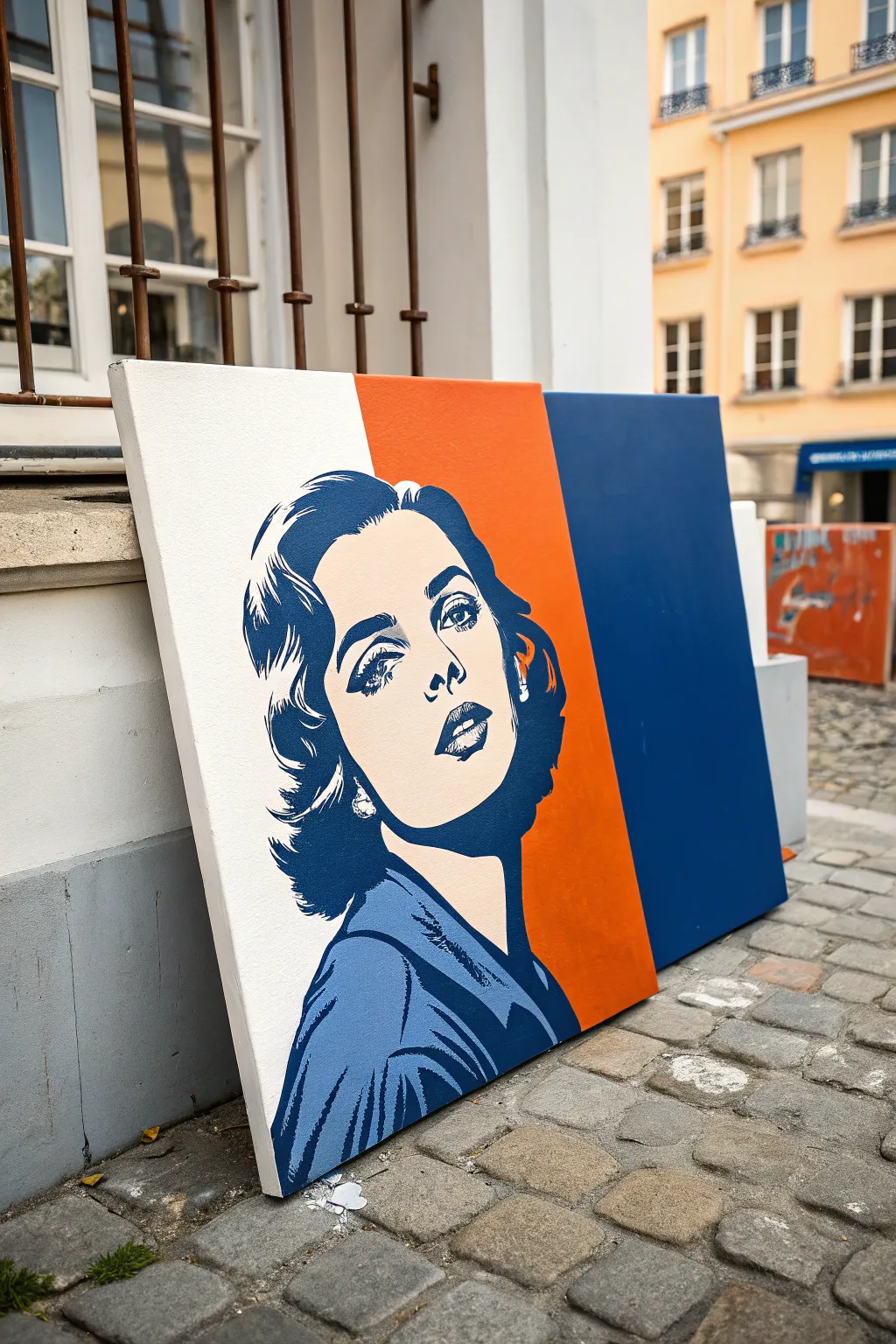 Pop art portrait on bold orange and blue blocks, clean lines and Scandinavian-boho calm