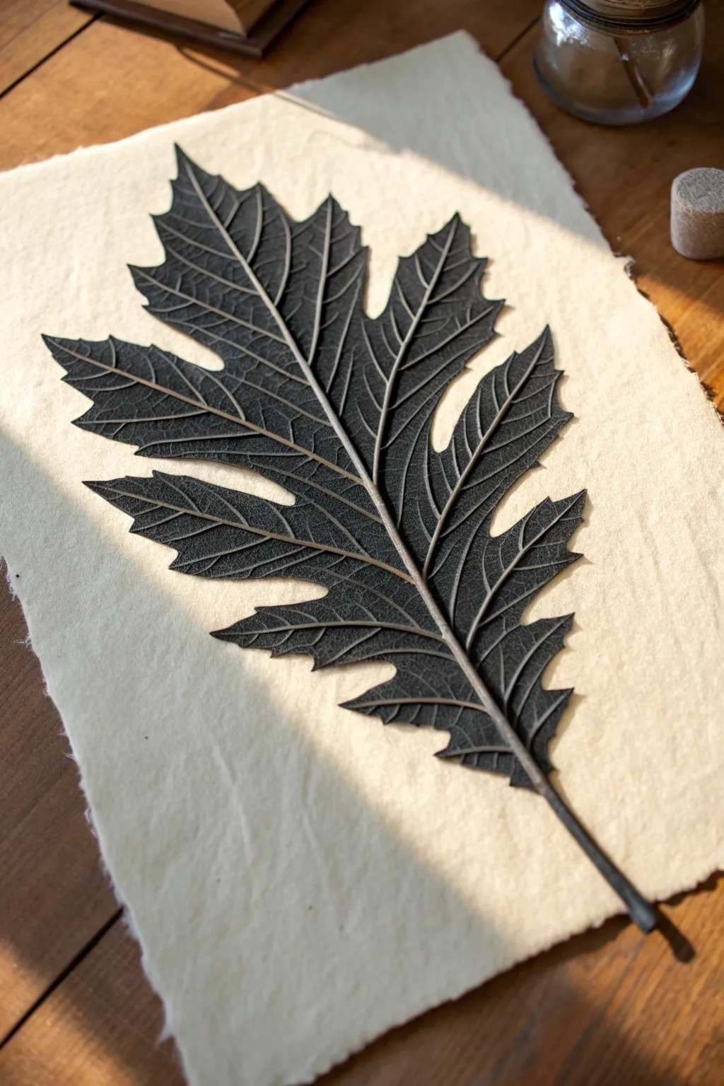 Cut-out leaf veins turn empty space into delicate lines, a minimalist negative-space art idea.