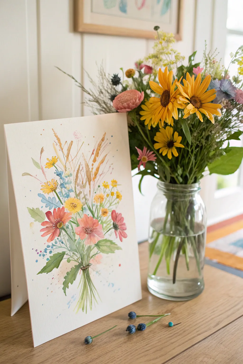 Sunny wildflower bouquet with playful splashes, a cheerful painting idea full of good energy