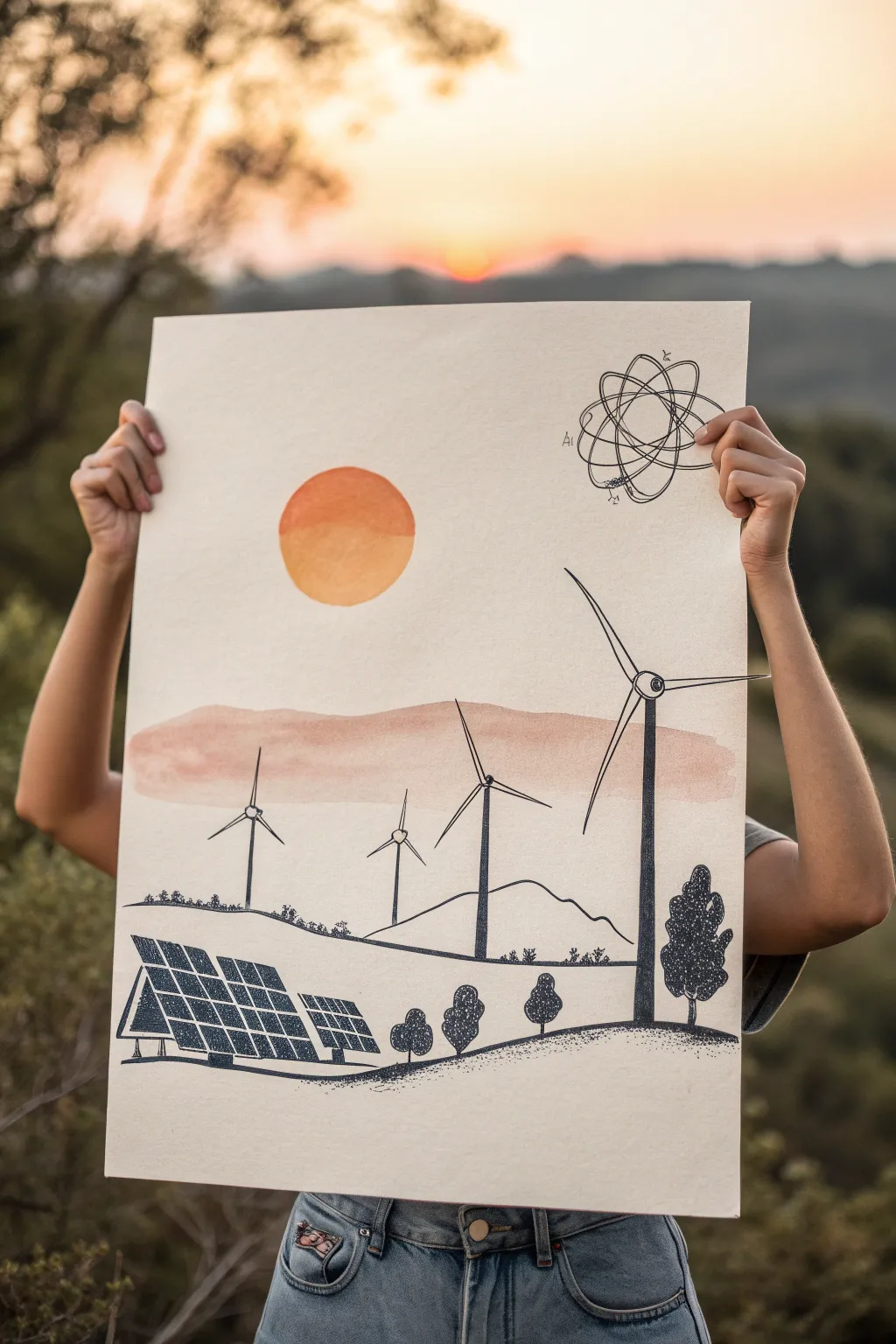 Minimal clean energy poster sketch with turbines, panels, and sun, leaving space for a slogan