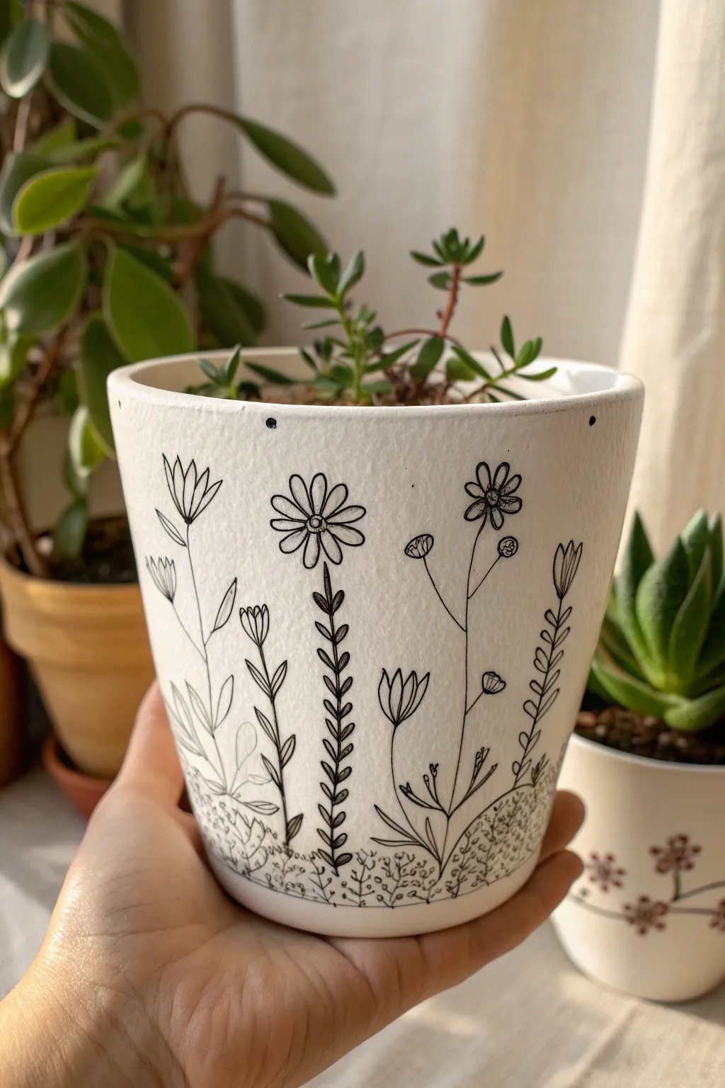 Crisp black floral doodles on a white pot, held upright for easy sketching inspiration.