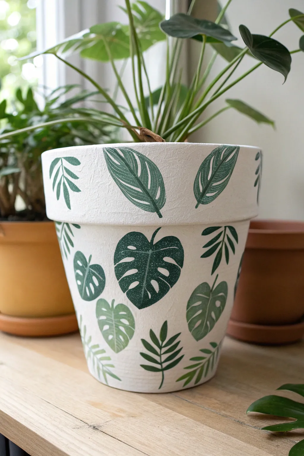 Bold leafy strokes on a minimalist painted pot, styled with real greenery for contrast.