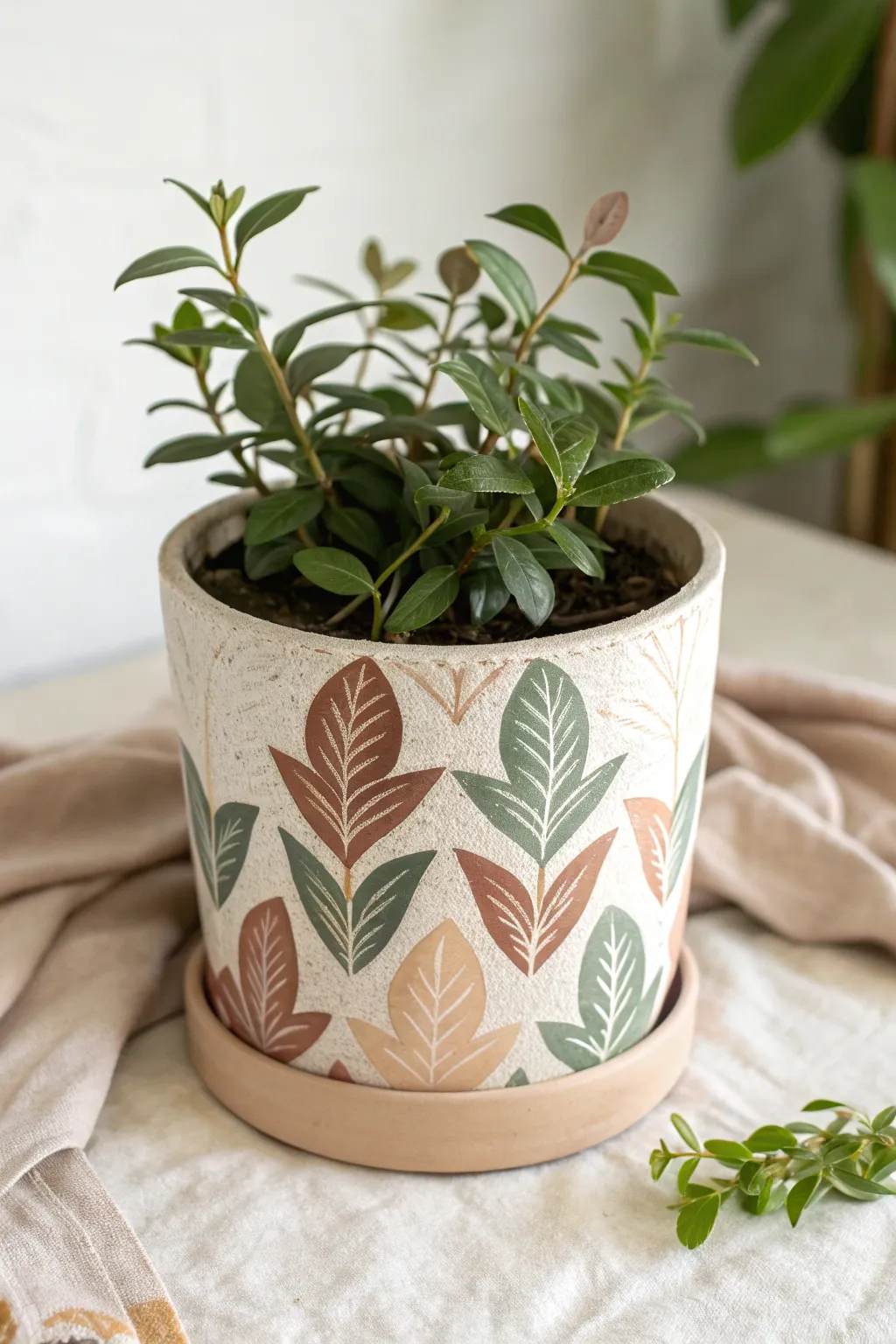 Leaf-layered ceramic planter in soft greens with a few warm accents and a simple plant