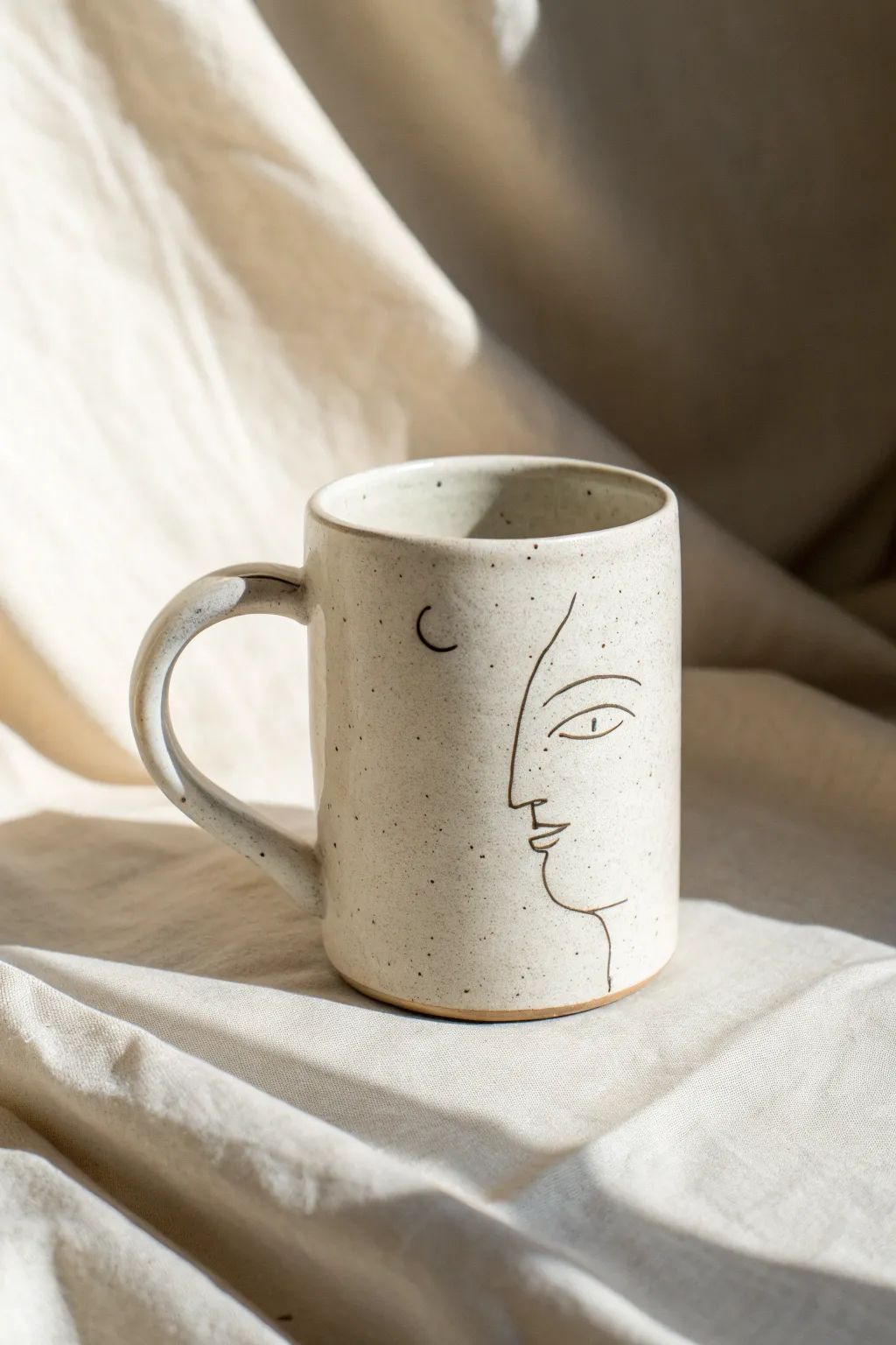 Minimalist line art face on a white pottery mug, softly lit for calm Scandinavian vibes.