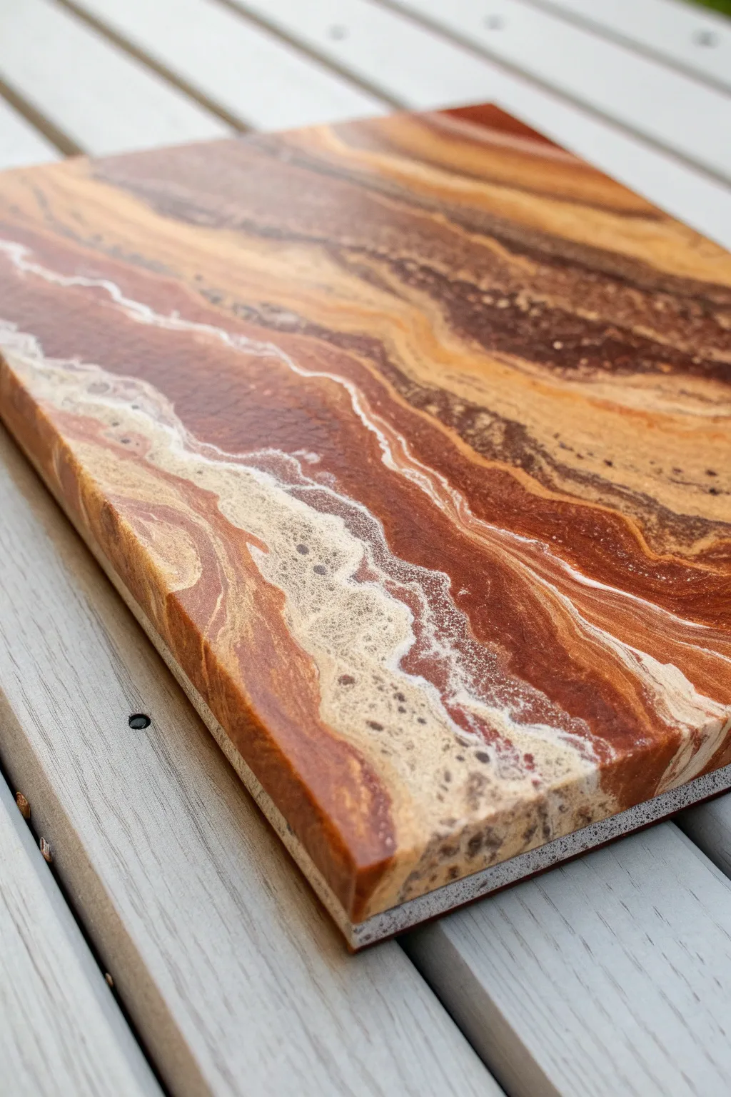 Desert earth tone pour painting in terracotta, sand, and umber with crisp white breaks.