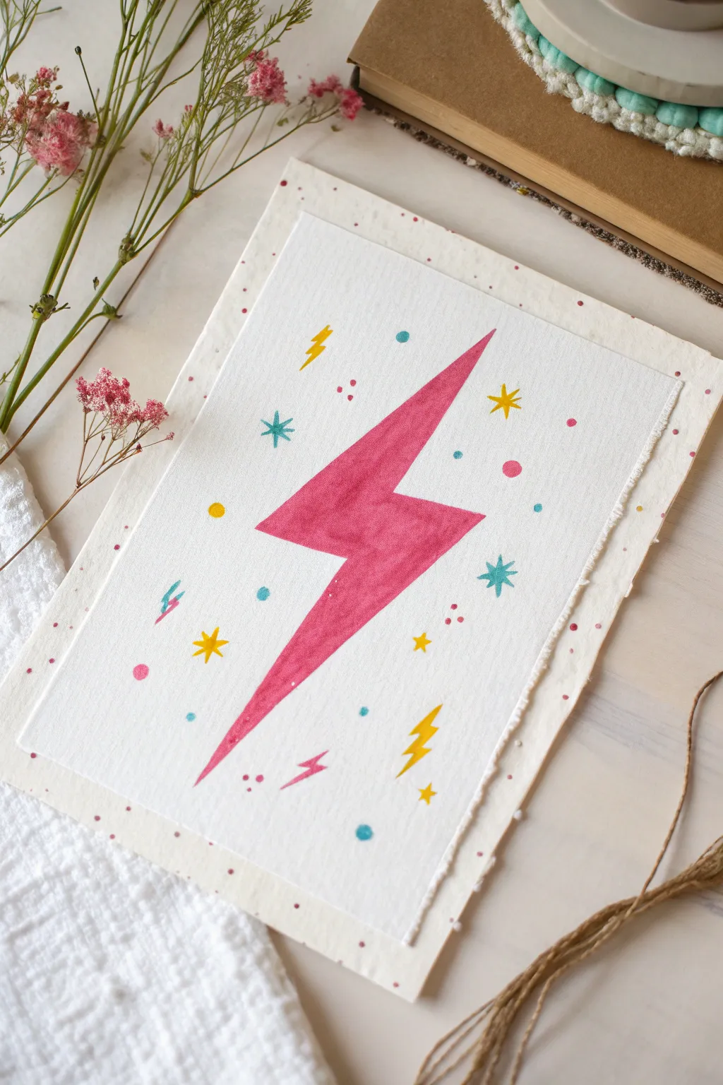 Preppy pop-art lightning bolt with star sprinkles, a minimalist sticker-sheet inspired painting.