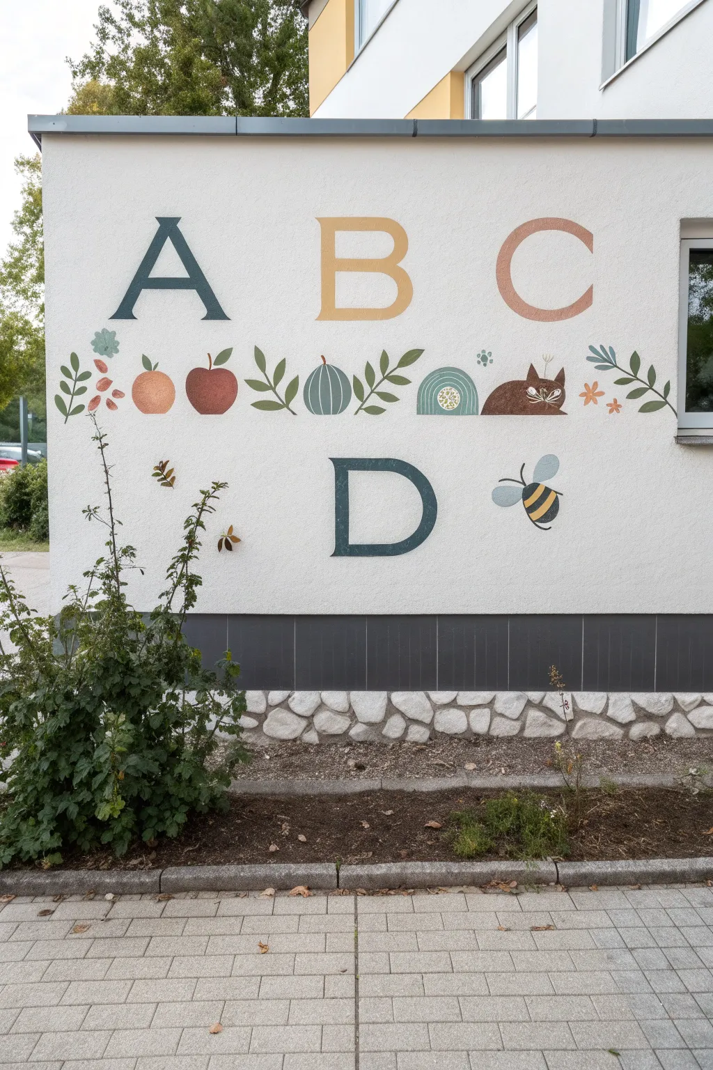 Hand-painted alphabet border with tiny picture clues, minimalist Scandinavian boho style for preschool walls.