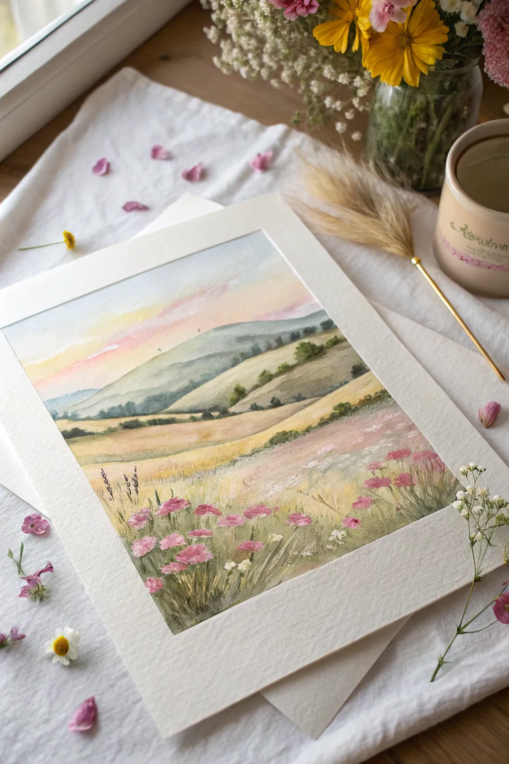 Airy pastel hills with tiny wildflower dabs, a sweet minimalist boho painting idea
