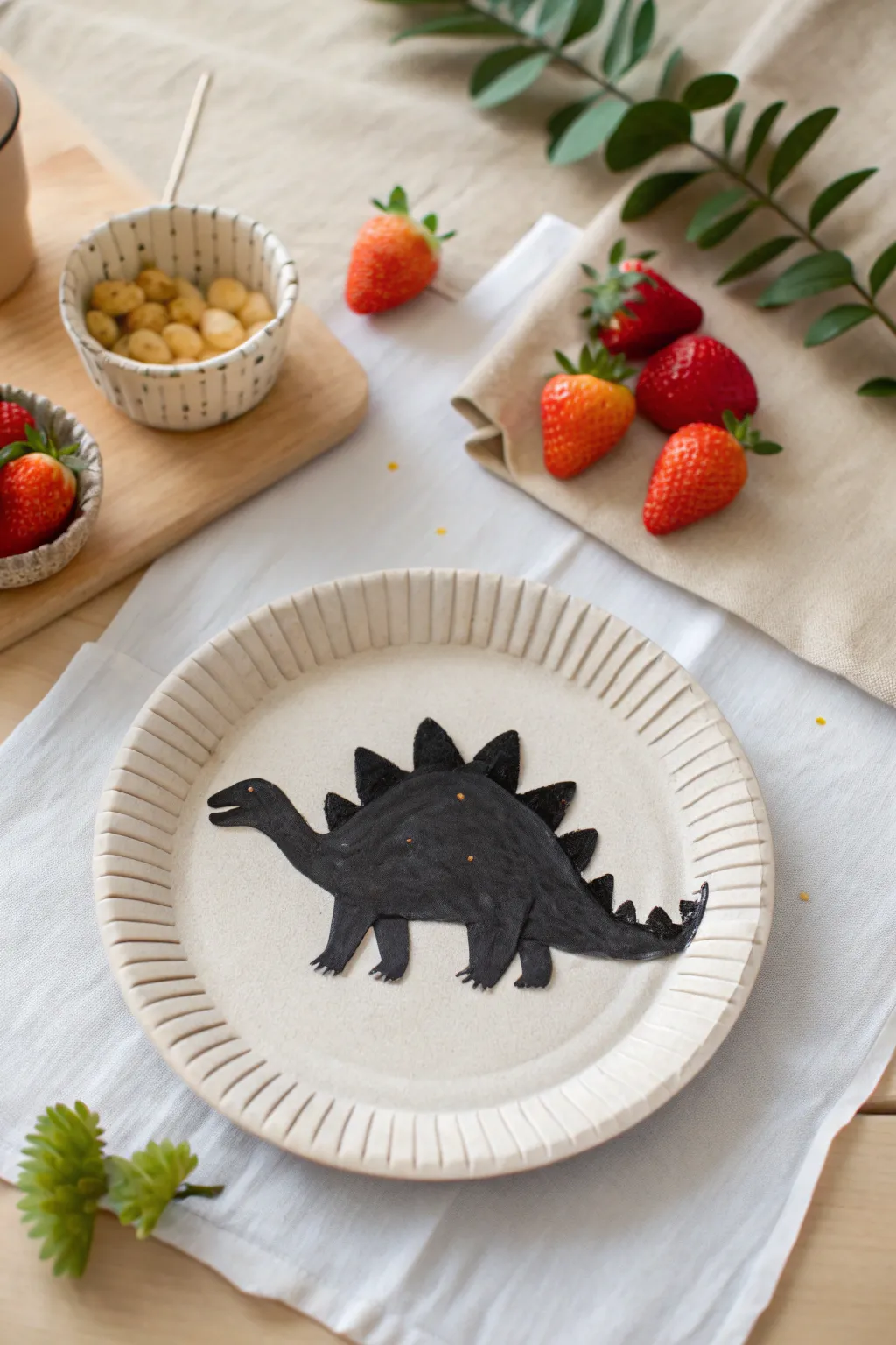 Dinosaur plate with bold outlines and bright puffy paint spikes, captured mid-craft in soft light