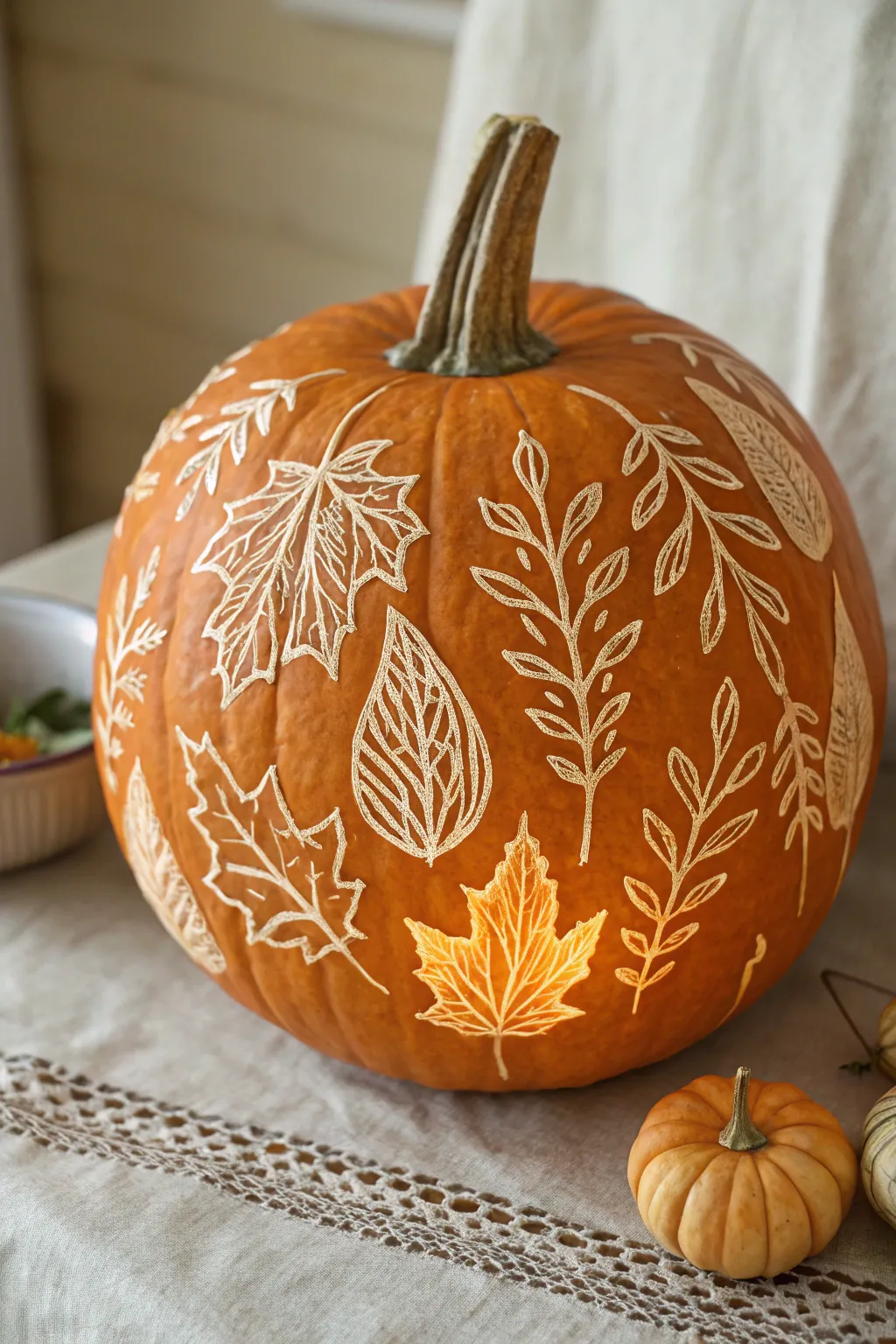 Minimalist pumpkin with leaf cutouts and hand-painted veins, a cozy Scandinavian fall DIY.